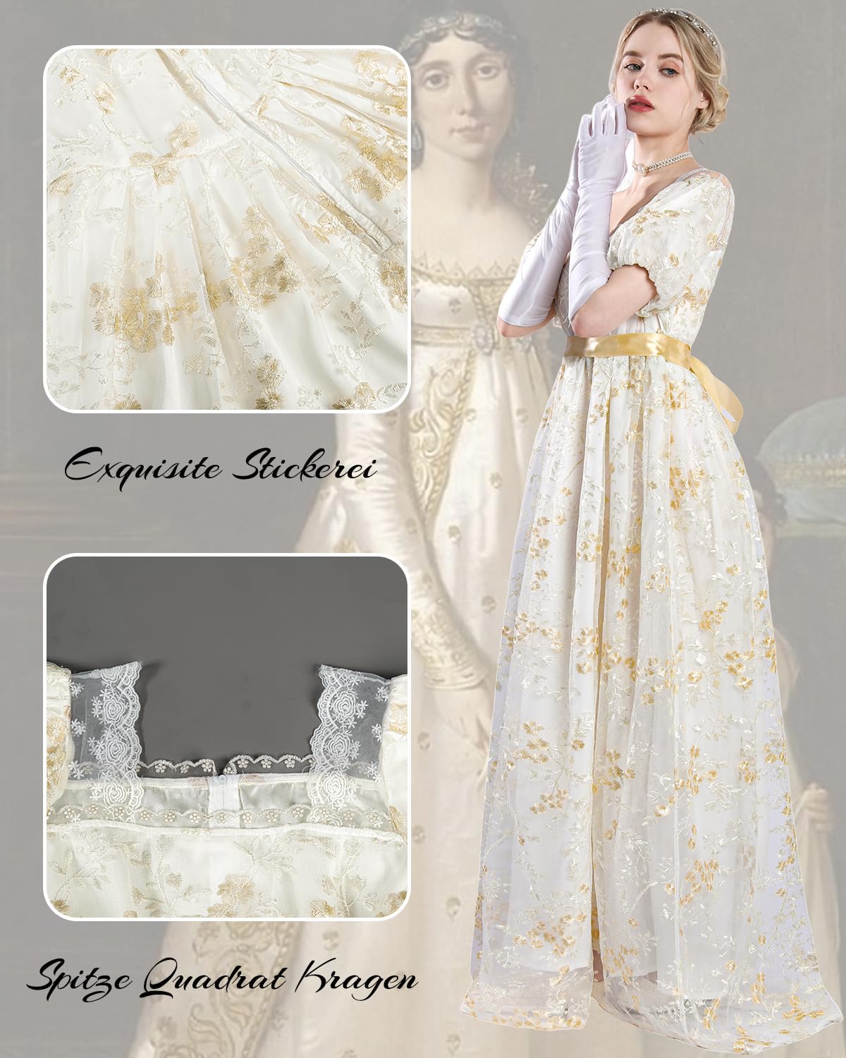 CR ROLECOS Regency abiti da donna con sciarpa vittoriani a maniche Abito sbuffo vita impero