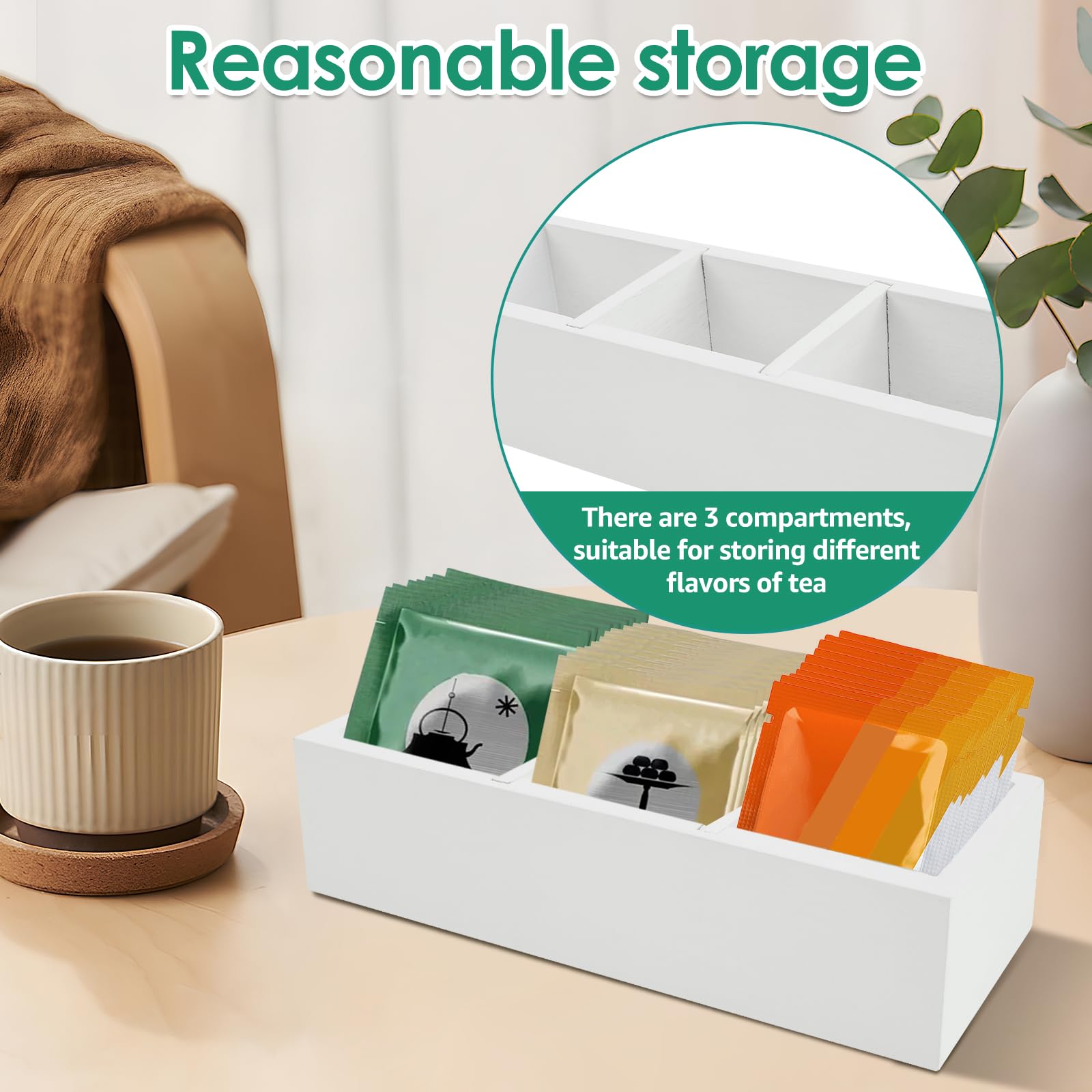 Teebox Aus Holz Mit 3 Fächern - Teebeutel Organizer 24x7,87x5,58 Cm Mit Trennwänden