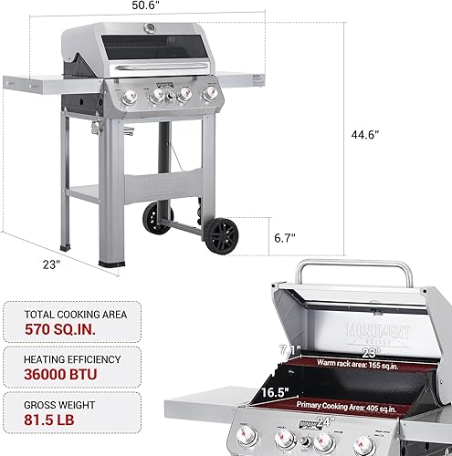 Miniatura 4 de Monument Grills Mesa400MF Mesa400MF - Parrilla de gas propano líquido de 4 quemadores, parrilla de acero inoxidable plateado para patio al aire