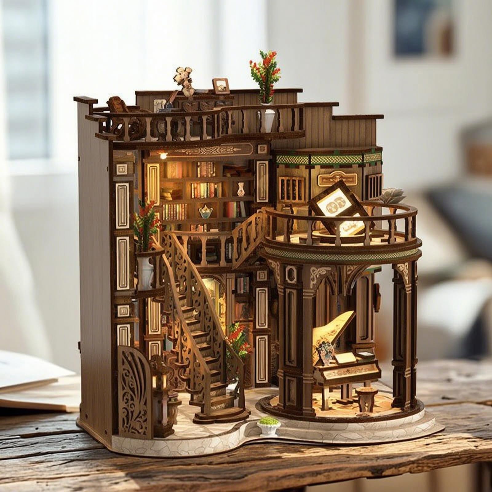 Gitohoni Diy Buchstützen Bausatz Miniatur Buchladen Modell Bastelset Holzbausatz Dekoratives Regal Zubehör mit Warmem Licht aus Holzfaser für Bücherregal Kinderzimmer Wohnzimmer