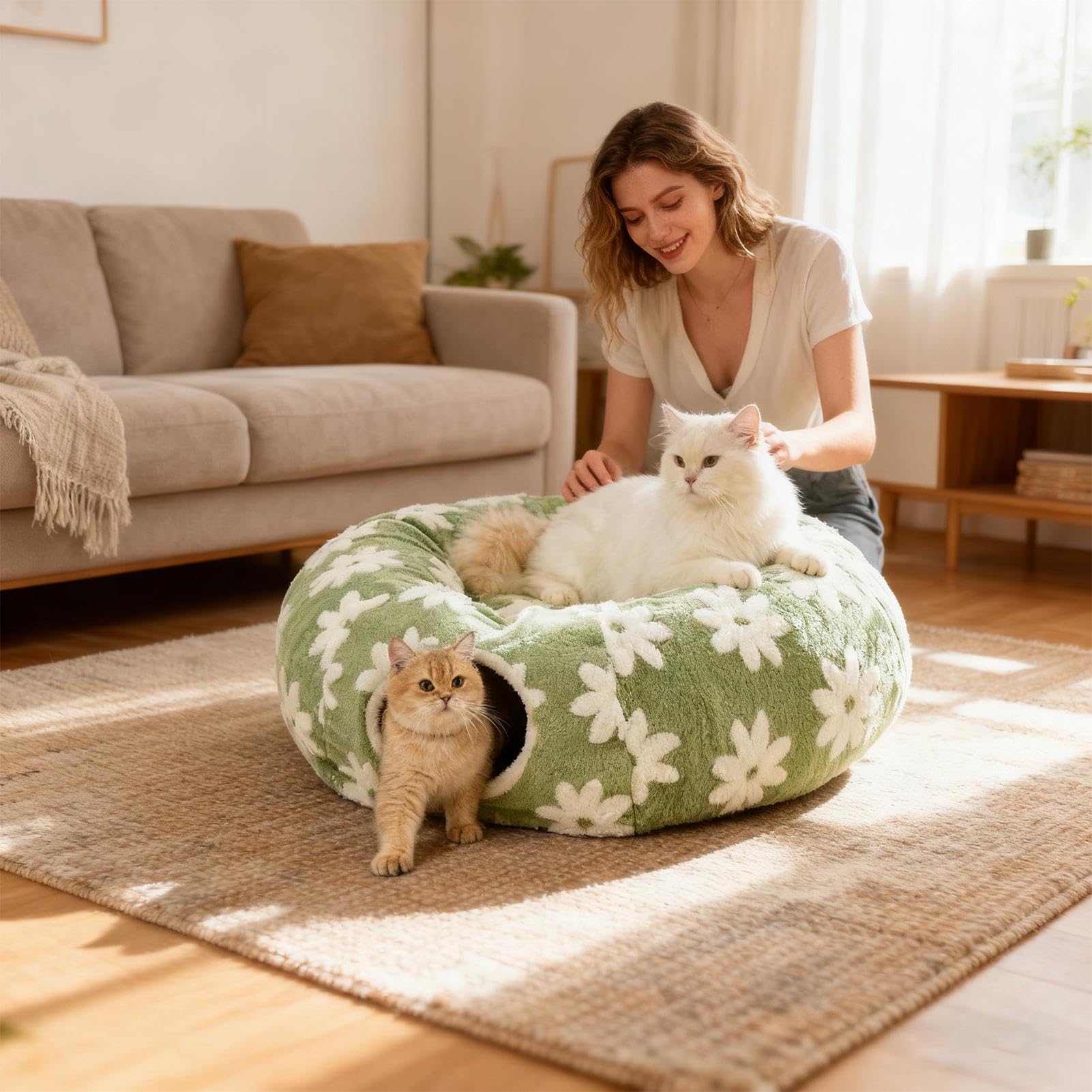 Katzen Tunnel Bett Waschbar Mit Ball Und Interaktiven Tunnelröhren | Blumen Design Plüsch Katzenröhren Und Tunnel Zum Krabbeln, Kratzen Und Zahnen Für Kätzchen Und Häschen Im Innen- Und