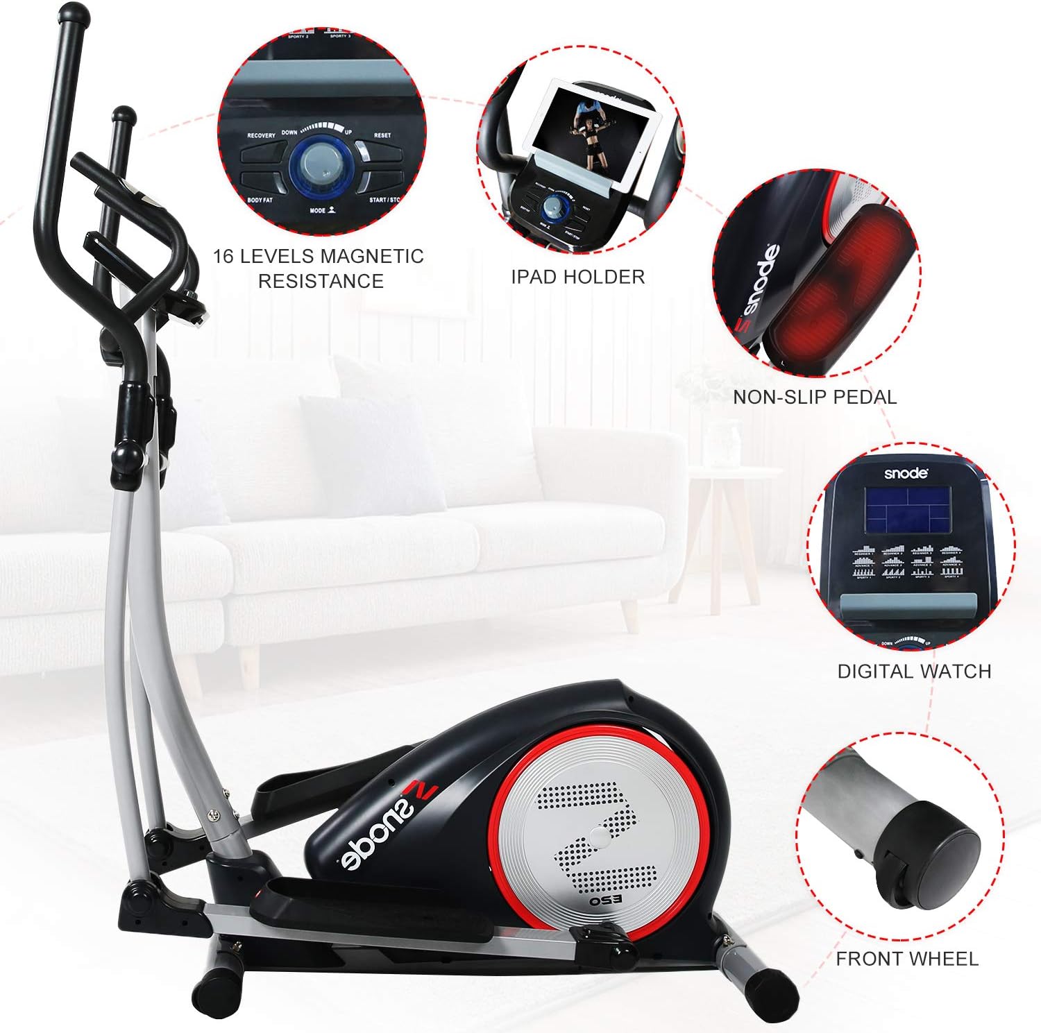 Close-up of elliptical console, iPad holder, non-slip pedal, digital watch, and front wheel