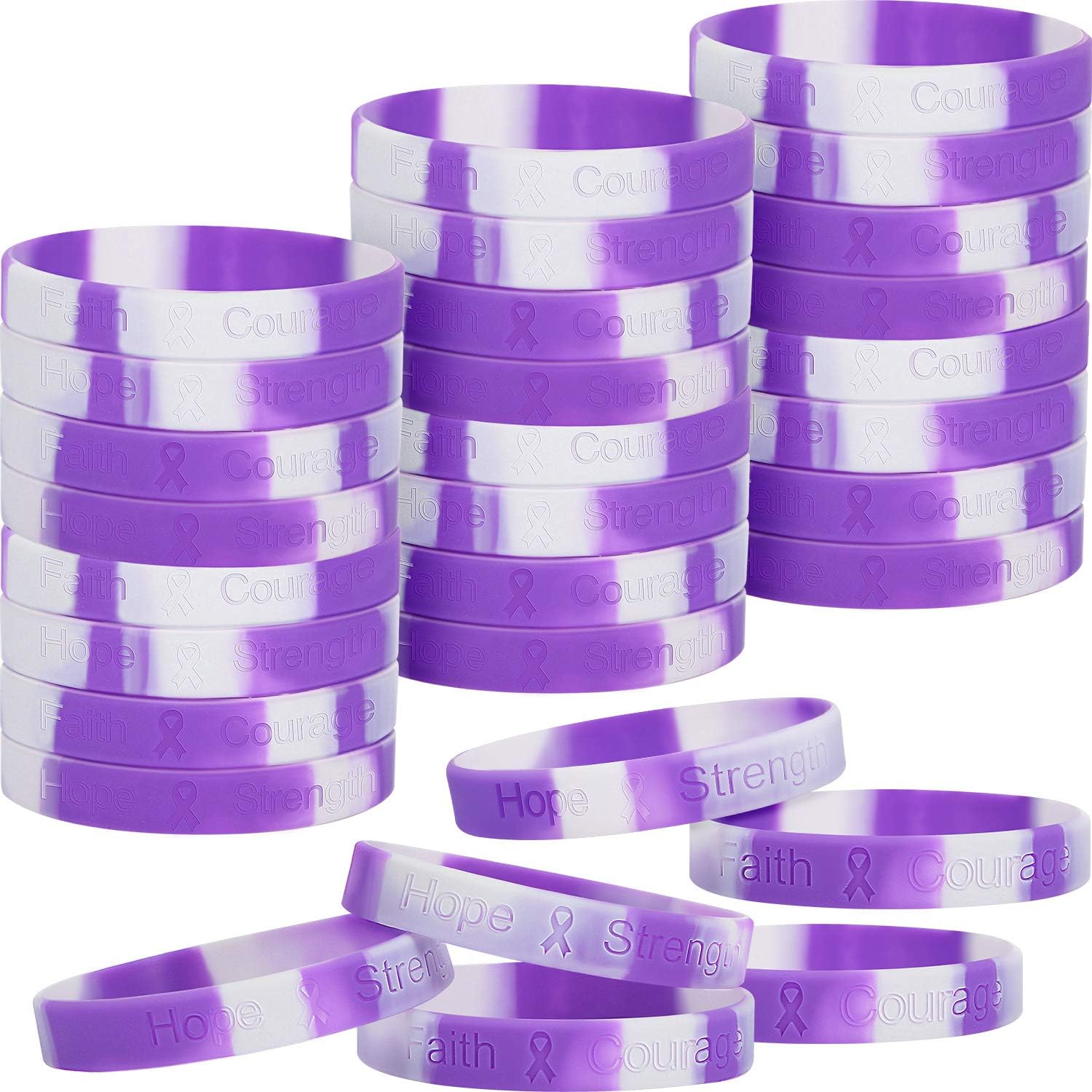 SKYLETY48 Pieces Purple Cancer Awareness Bracelets Silicone Ribbon Wristbands Hope Strength Faith Courage Health Awareness Bracelet Unisex for Men Women Teens