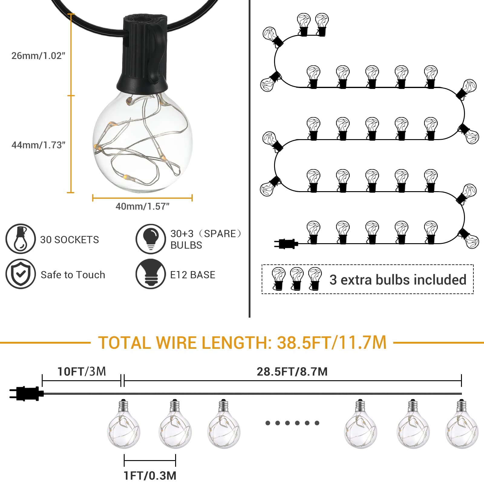 GlobaLink lichtsnoer voor buiten, verlengbaar, gloeilampen, IP65, 30 lampen, G40, 11,7 m, 1