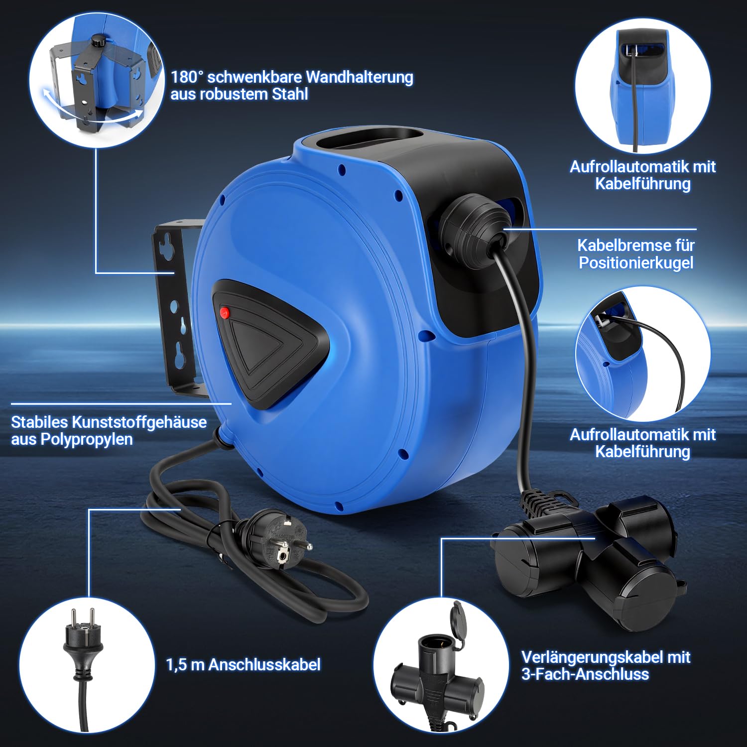 Fiqops Cable alargador automático 20m +1,5m, enrollador de cable para montaje en pared,giro lateral de 180°,para taller y almacén,con función de apisonamiento(enchufe tripolar)