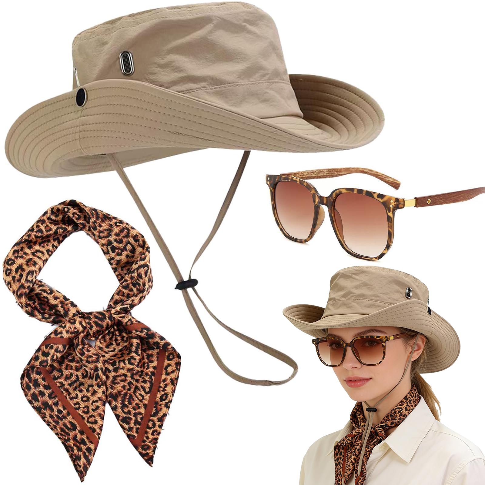 DONGZQAN 3PCS Safari Clothes for Women, Safari Costume, Fancy Dress for Adults Women, With Leopard Print Scarf, Sunglasses, Safari Outfit for Halloween Cosplay