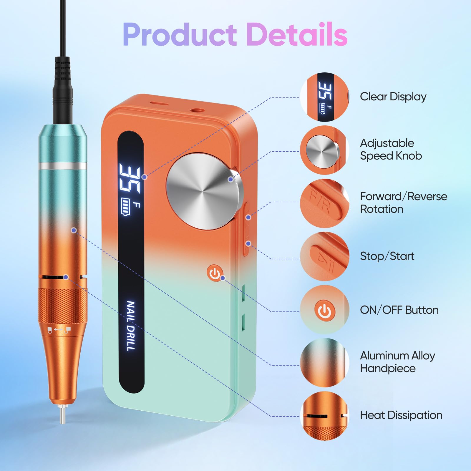 Fresa elettrica per unghie con 12 inserti lucidanti e 30 nastri abrasivi, 0-35.000 giri/min per manicure e pedicure per tagliare, limare, modellare e curare unghie e cuticole, Regolabile (Arancione)
