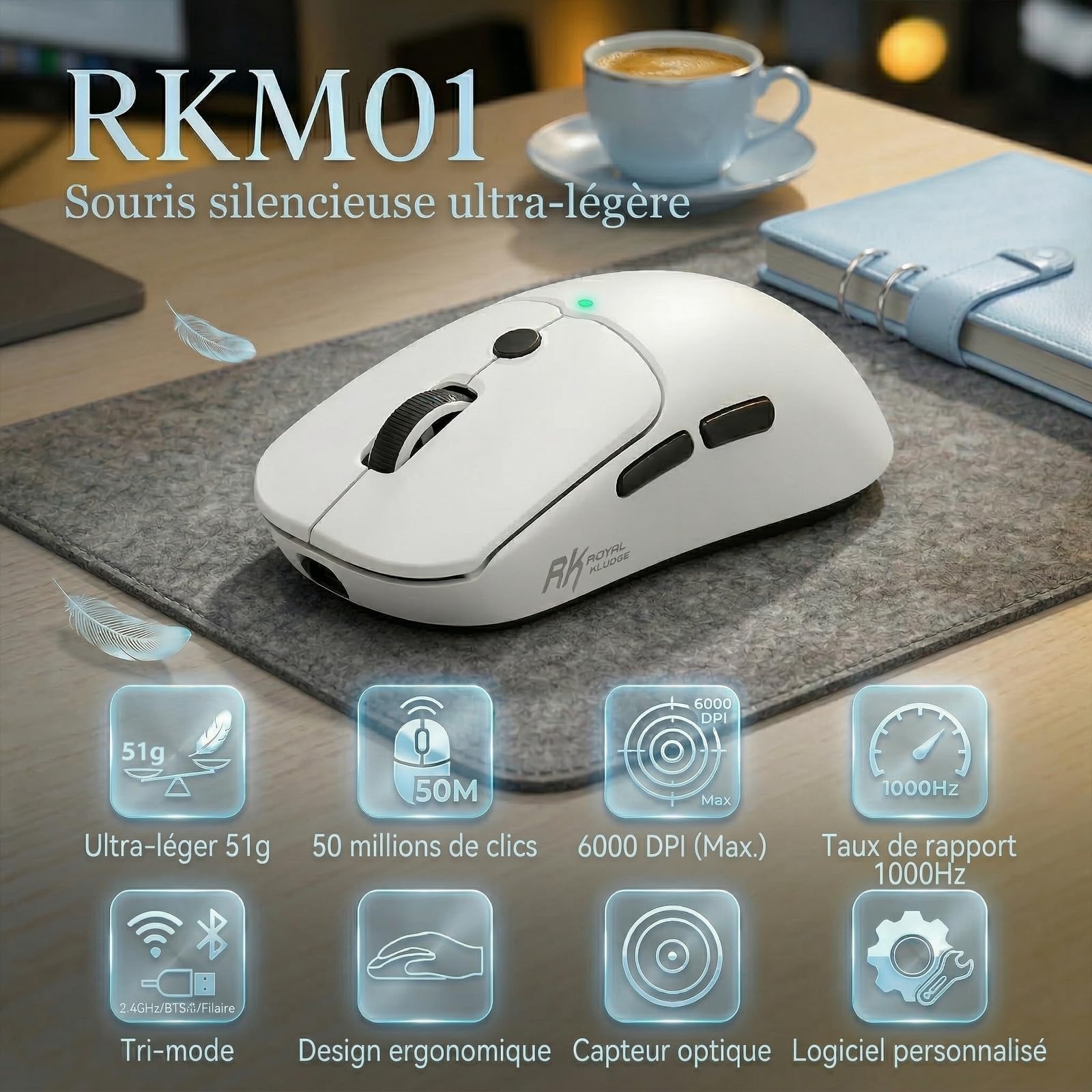 RK ROYAL KLUDGE MO1 Souris Gamer, Ultra-Légère 51g, 6 Boutons Programmables, Connexion 2.4GHz/Bluetooth/Filaire, Capteur Optique 6000 DPI, Blanc
