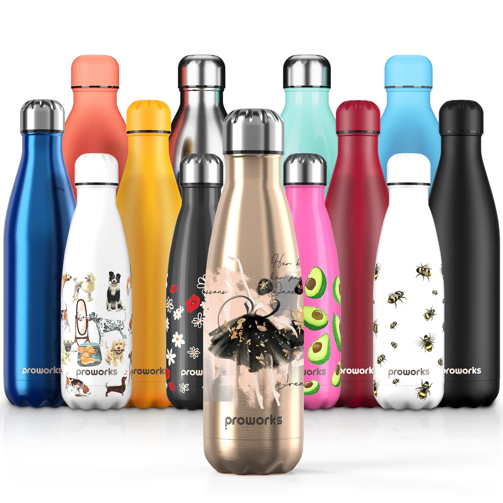 PROWORKS Insulated Water Bottle, BPA Free, Reusable Stainless Steel Water Bottle for 12 Hours Hot & Cold Hold Up to 24 Hours, Sport, Gym, Travel – 350 ml – Gold – Ballet Dancer