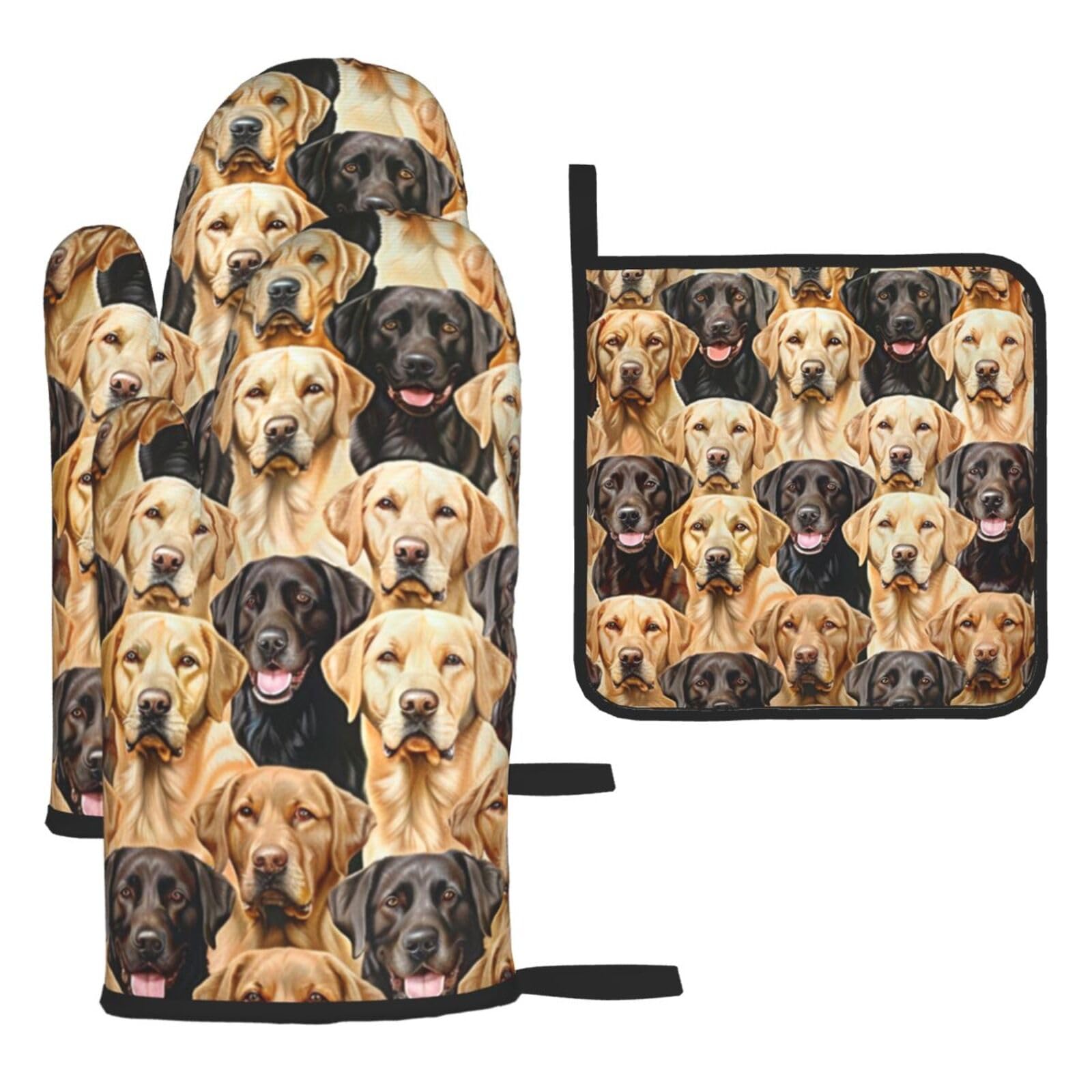 labrador retriever Dogs Printed Oven Mitts and Pot Holders Sets of 3 Pcs - Heat Resistant Waterproof Bbq Oven Gloves for Cooking Baking Grilling