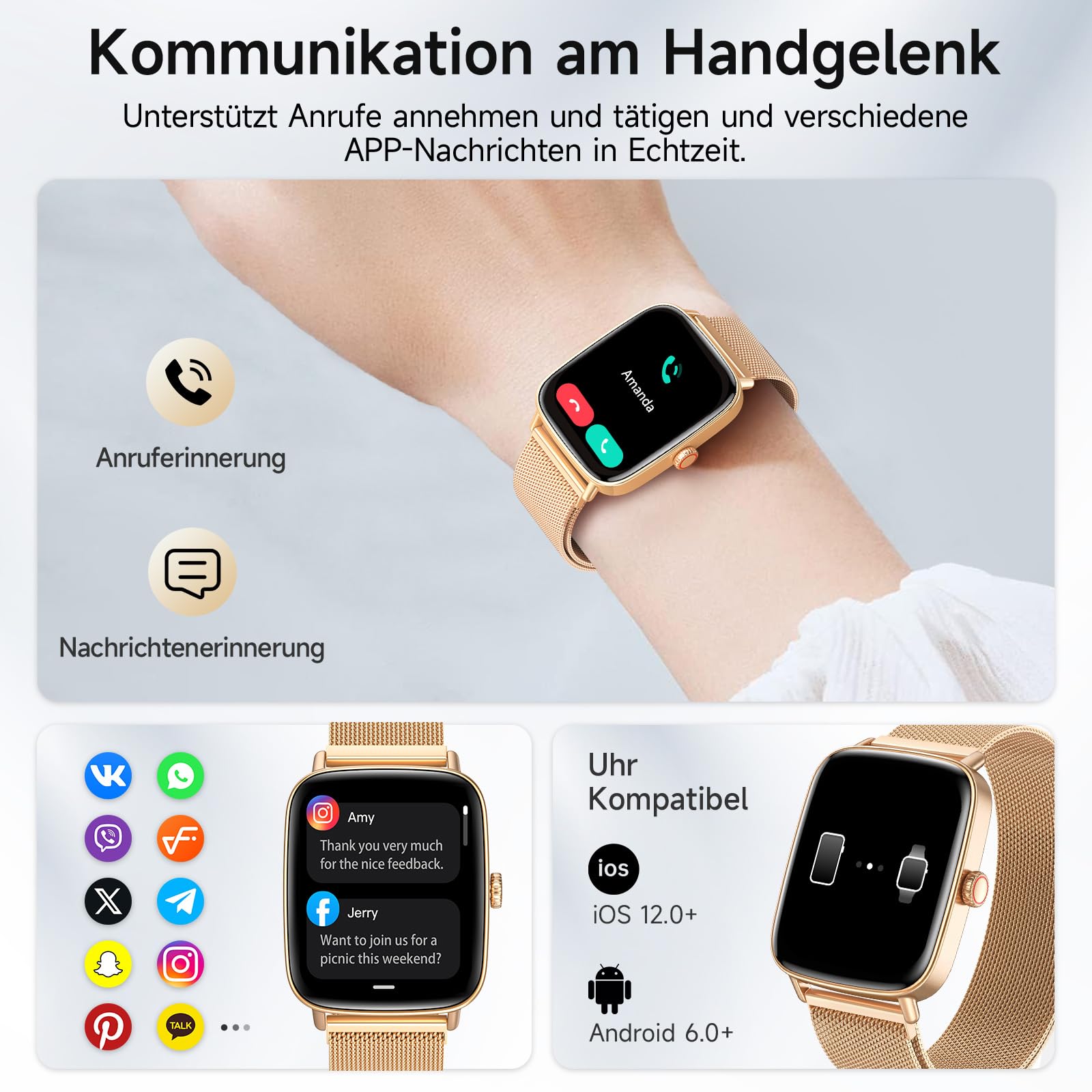 Smartwatch Damen mit Telefonfunktion 1.85" HD Herzfrequenz Schlafmonitor SpO2 Schrittzähler 110+ Sportmodi Fitnessuhr IP68 Wasserdicht Kompatibel iOS Samsung Android