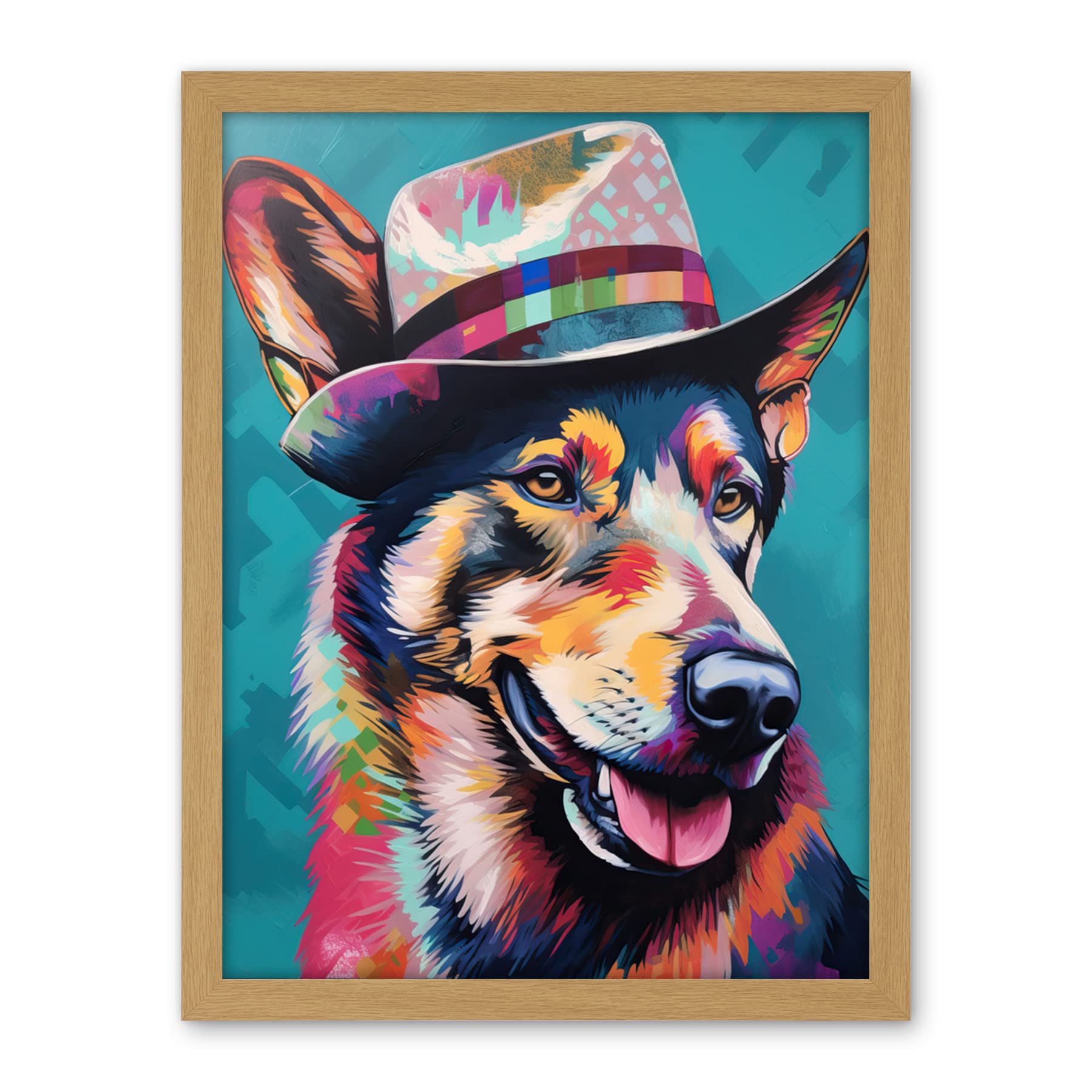 Artery8 German Shepherd with Fedora Hat Vibrant Portrait Artwork Framed Wall Art Print 18X24 Inch