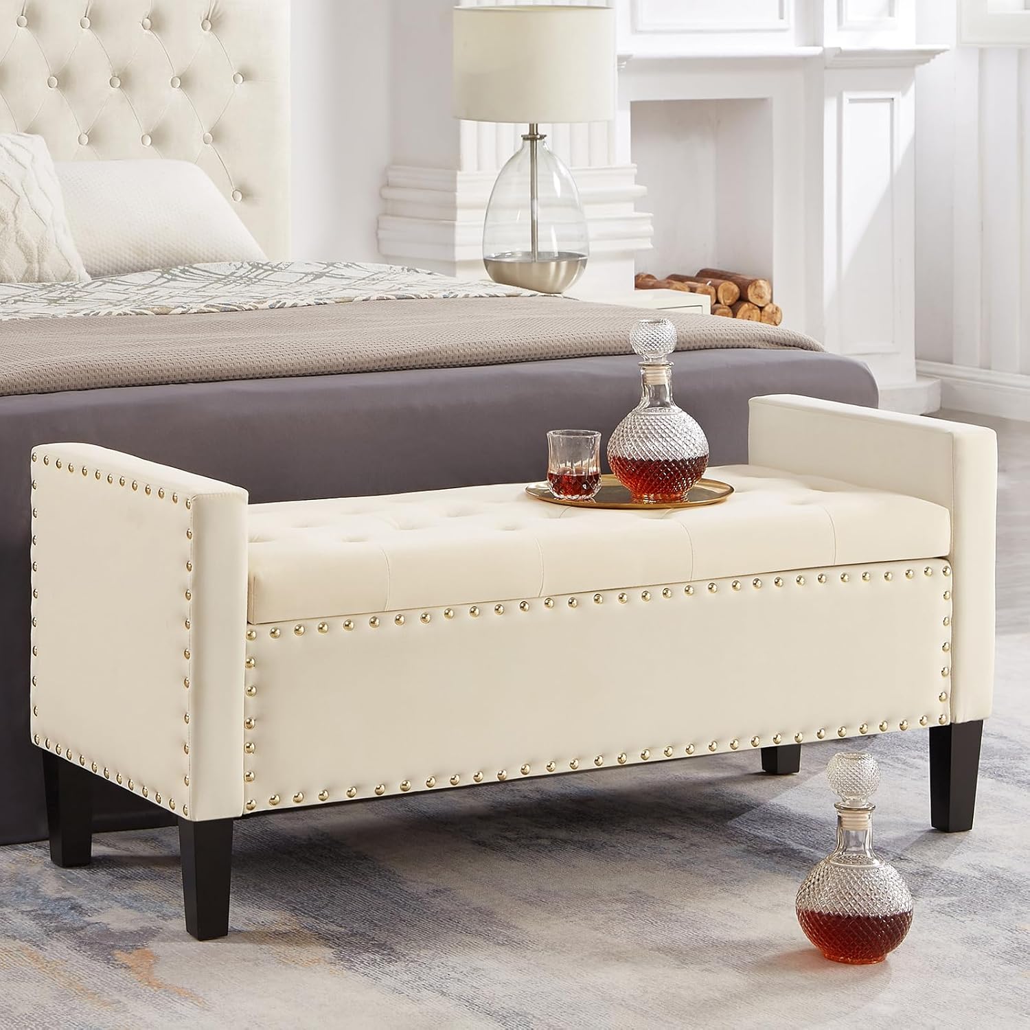 48” Ottoman Bench for Bedroom, Velvet Upholstered Entryway Bench with Nailhead Trim, Button Tufted End Bed Bench with Armrest for Bedroom (Black)