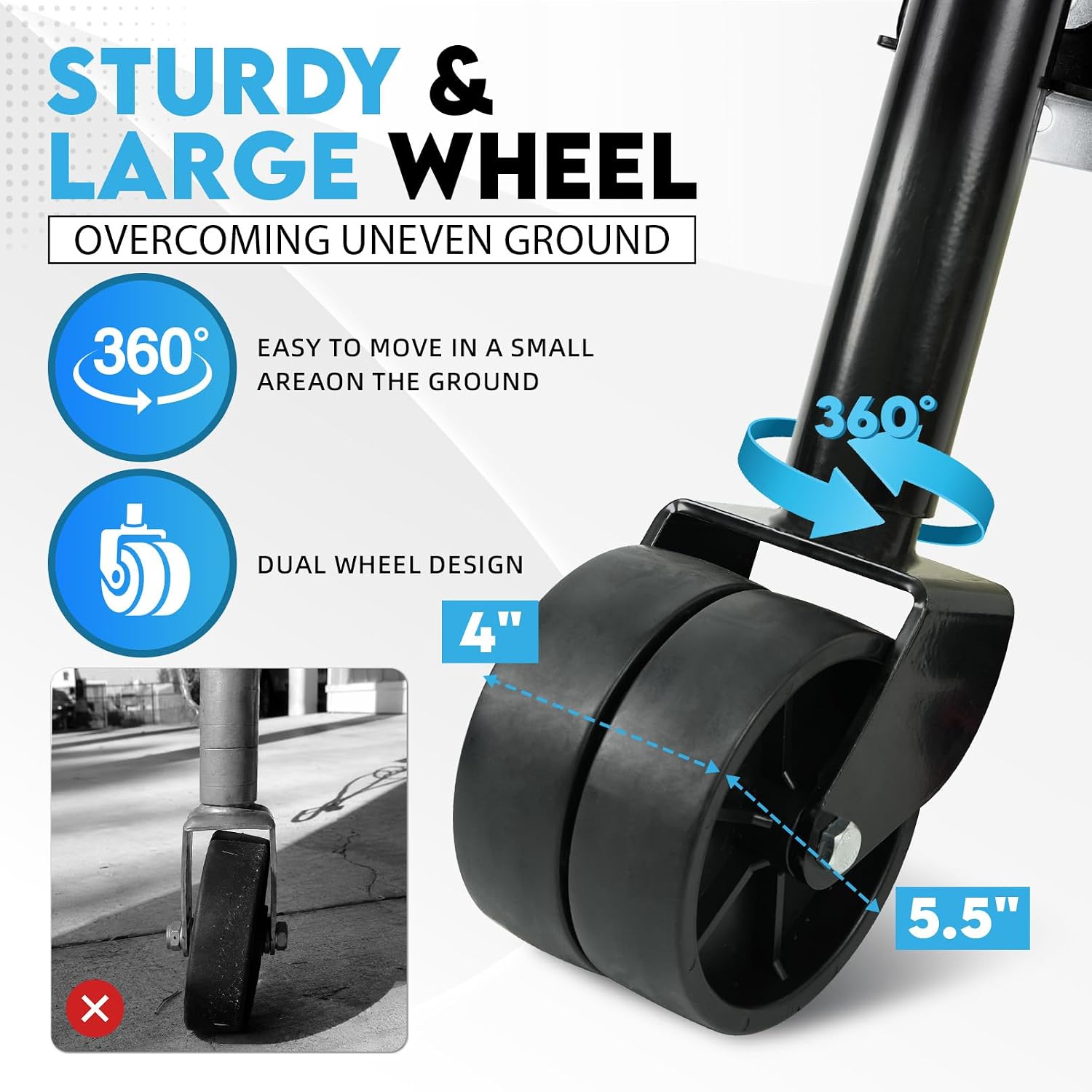 2200 lbs Heavy Duty Trailer Jack with Wheel, 12" Lift, Swivel Boat Jack, Compatible with 20-24V Cordless Drill, Manual Crank Handle Included, for Utility, Yacht, RV, Boat Trailer Jack, Black