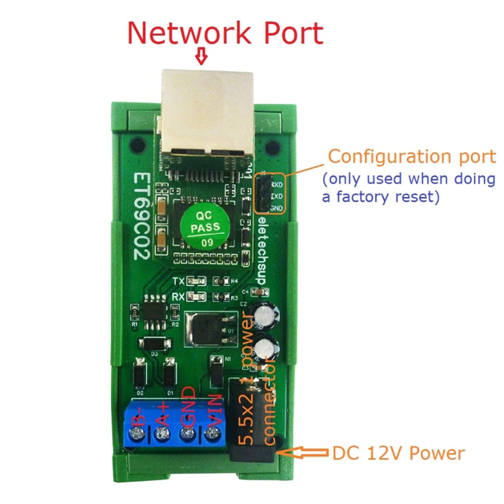 2X ET69C02 Ethernet-Netzwerk IP RJ45 zu RS485 Buskonverter für Modbus RTU Master Slave Client Server MQTT PLC