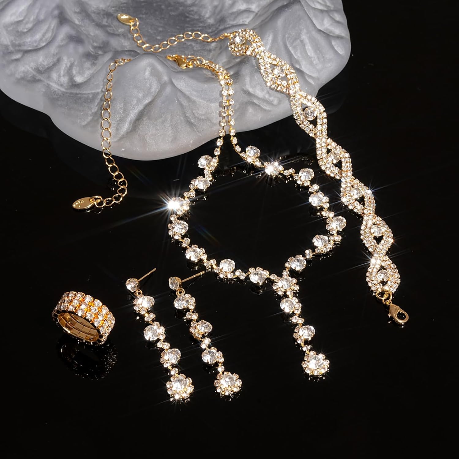 5 Pcs Purse Rhinestone Jewelry Set, RhinestoneClutch Purse Bride Prom Evening Rhinestone Jewelry Set Bling Necklace Earrings Bracelets Set for Wedding, Gold/Silver - Image 9