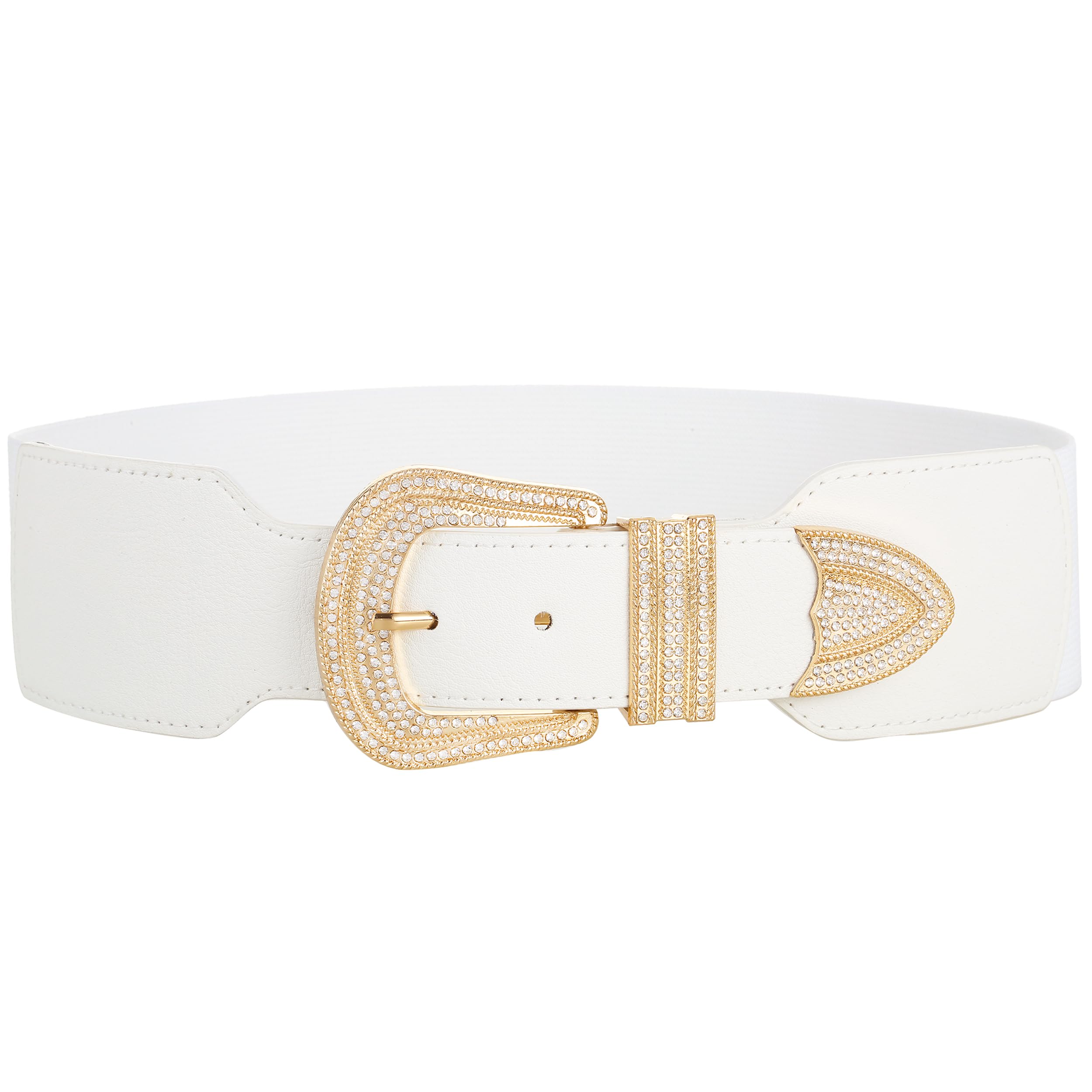 JIKELEK Wide Stretchy Waist Rhinestone Belt for Women Elastic Buckle Belt for Ladies Dresses (White (Gold Buckle), Fit Waist Size 36