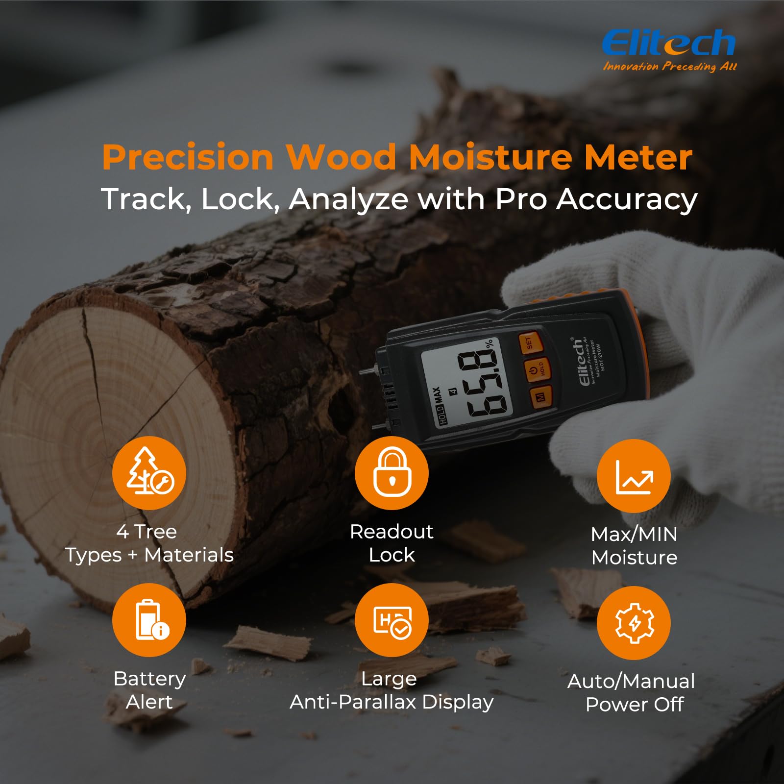Elitech Humidimètre Numérique pour Bois MOT-270W, Testeur d'Humidité Précision ±2%, Sondes 9,8 mm