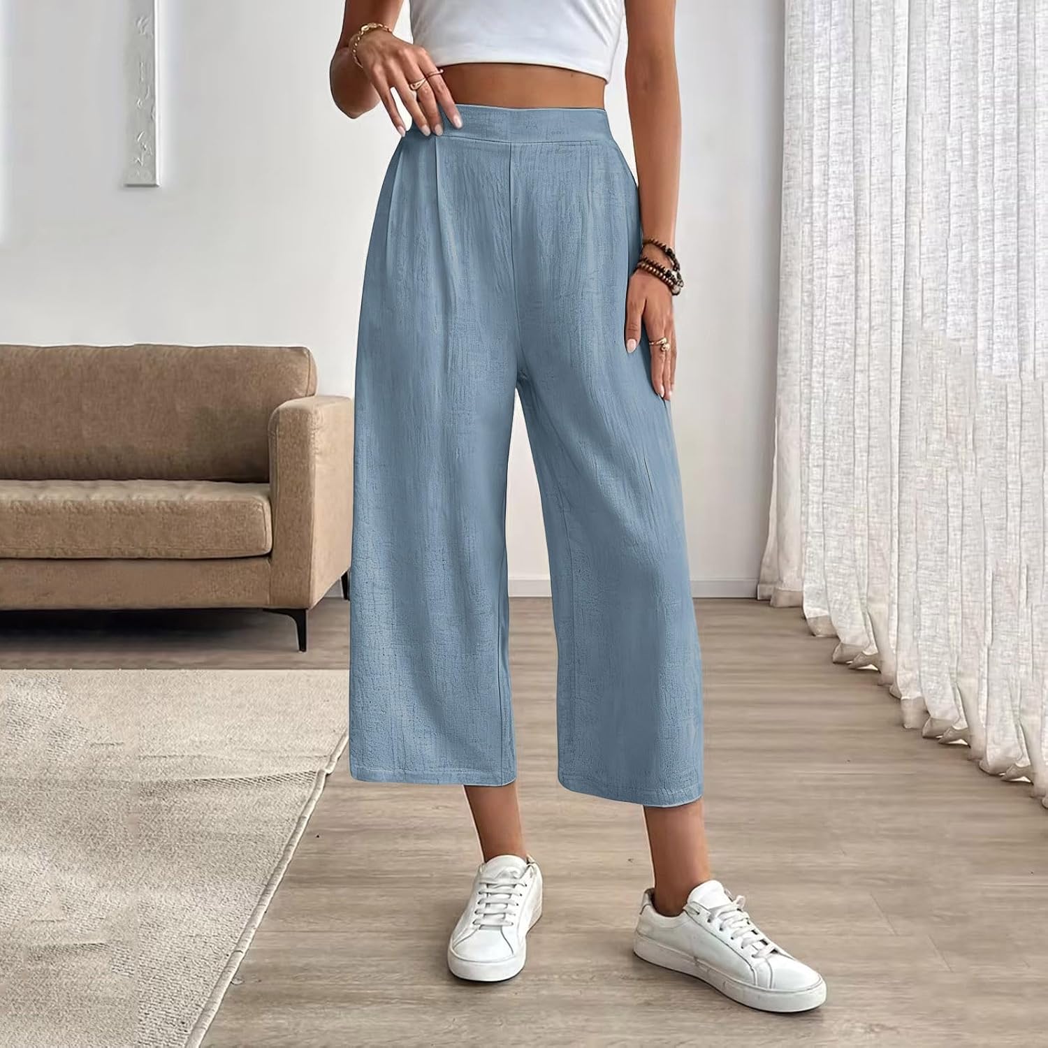 Women's Summer Capri Pants Loose Fit Wide Leg Lightweight Casual Capris High Elastic Waisted Solid Color Trousers