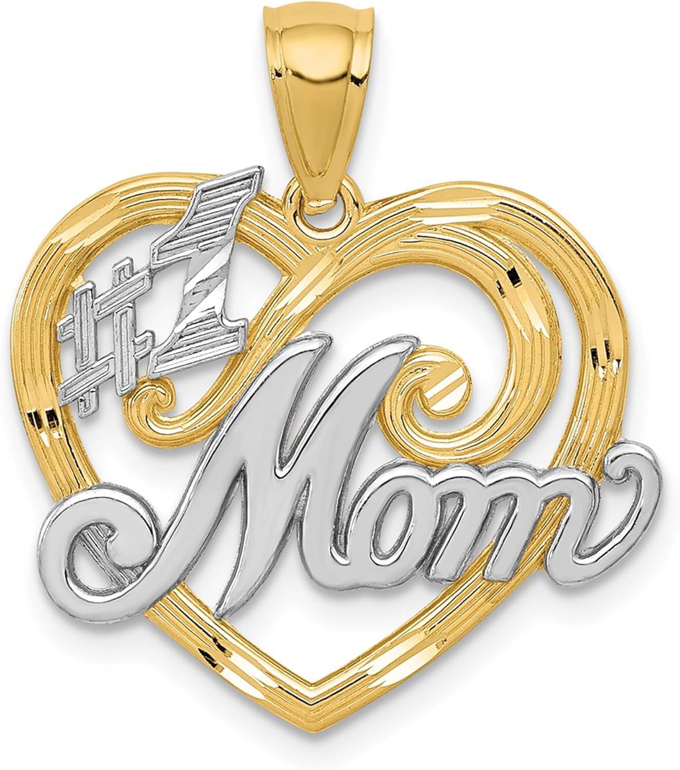 DewberryDiamonds 14k Yellow Gold and White Rhodium #1 MOM Heart Pendant for Mother's Day (Weight : 1.46 gm, Length : 22 mm, Width : 20 mm)