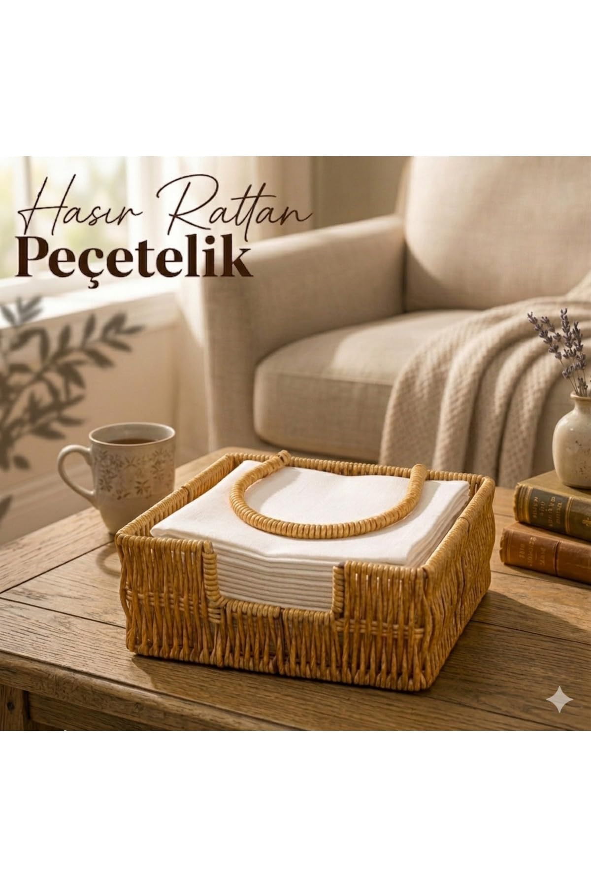 DUFFA Boho Rattan Peçetelik - Rüzgarlık Kollu Yatay Peçete Kutusu, Bahçe, Balkon ve Mutfak için Uçmayı Önleyen Peçete Tutucu, Bohem Masaüstü Düzenleyici Sepet