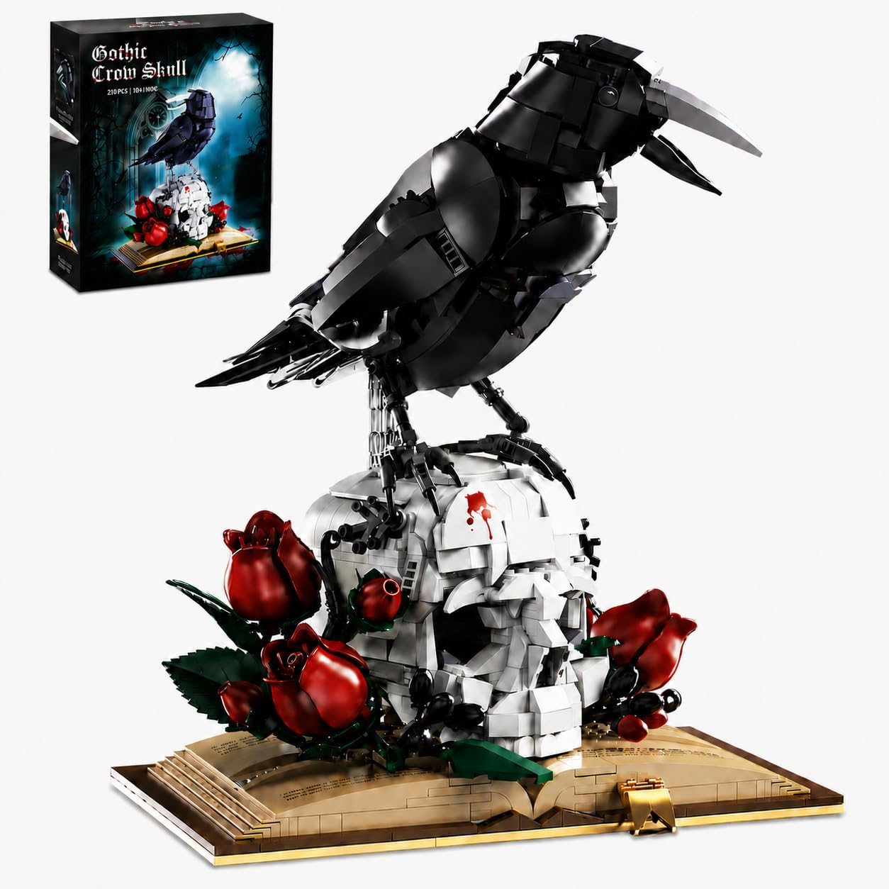 Gothic Raven & Skull Rose Building Block Set 1358 PCS Skeleton Head with Flower on Vintage Book Model Kit for Adults Teens Dark Aesthetic Room Desk Decor Display Art Gift