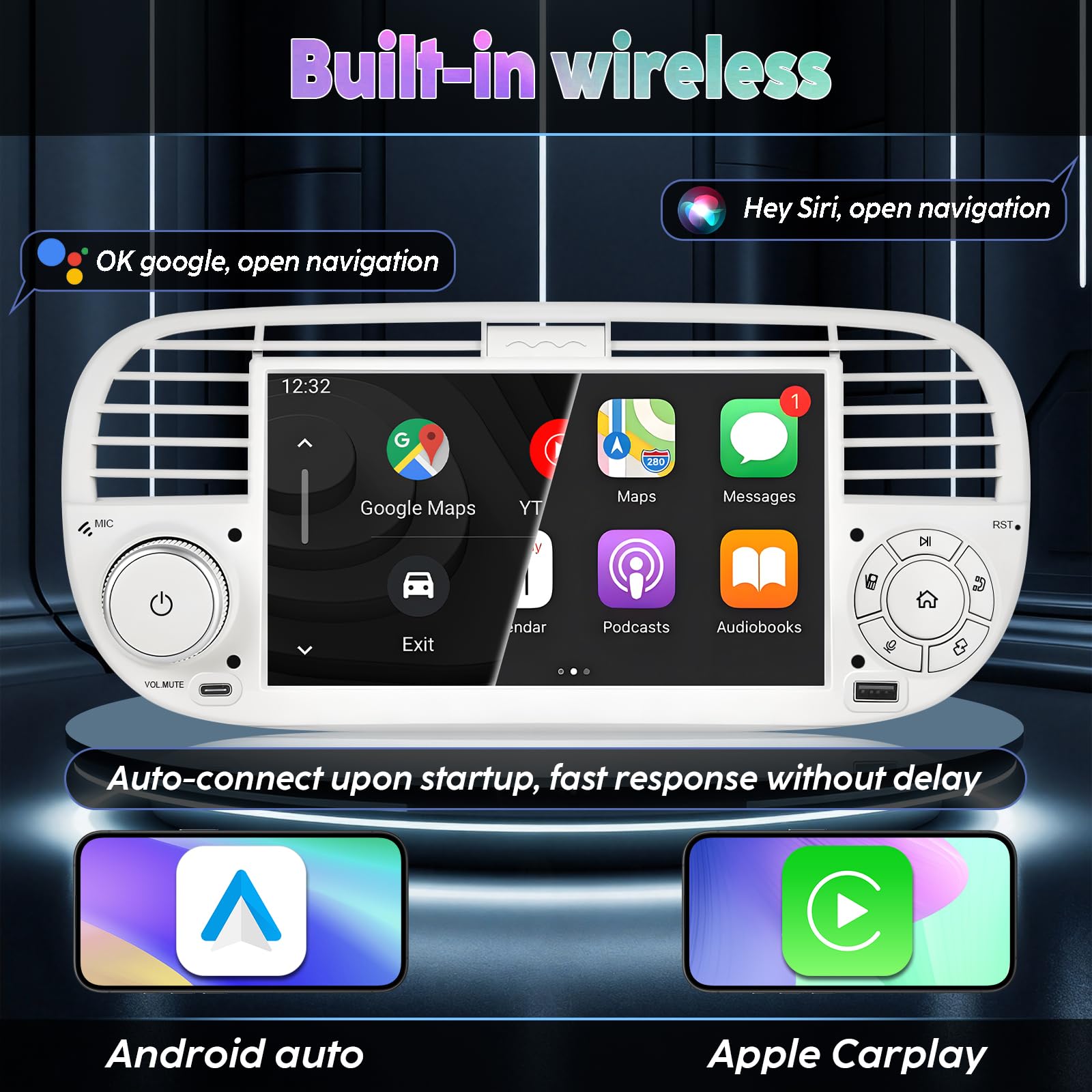 Autoradio con Sistema Linux e schermo IPS da 7 pollici, compatibile con Fiat 500 (2007-2015)| CarPlay & Android Auto wireless integrati | Supporta AM/FM/RDS | con DSP/USB/Bluetooth/Microfono Bianco