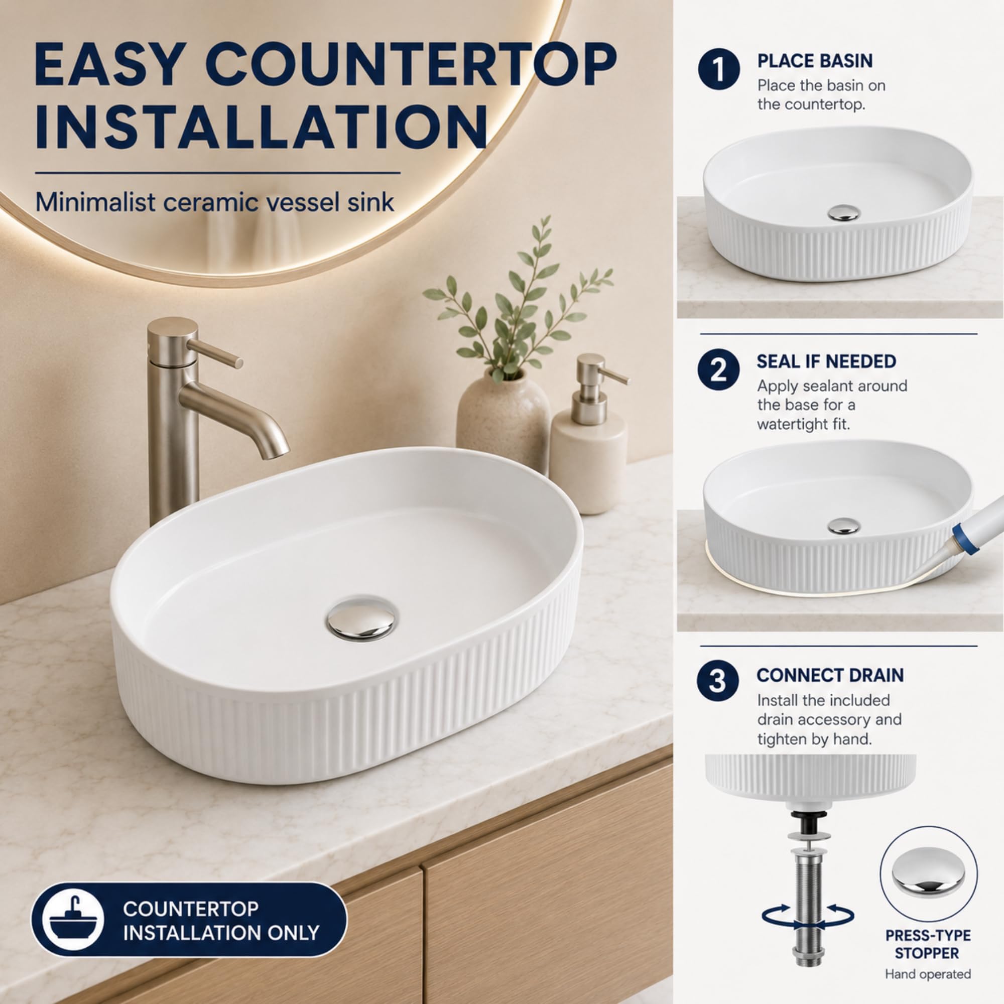 MAGIC SELECT Umywalka Ceramiczna, Biała Umywalka Nablatowa Odporna Na Plamy Do Łazienki, Łatwa W Czyszczeniu, Elastyczna Rura Z Wbudowanym Korkiem Pop-Up, Idealna Do Łazienki Lub Toalety, 580X36,5X12