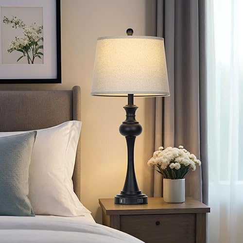 Miniatura 6 de Lámparas de mesa modernas negras de 28.75 pulgadas para sala de estar, lámpara de noche con puertos USB A+C y salidas de CA, lámparas táctiles