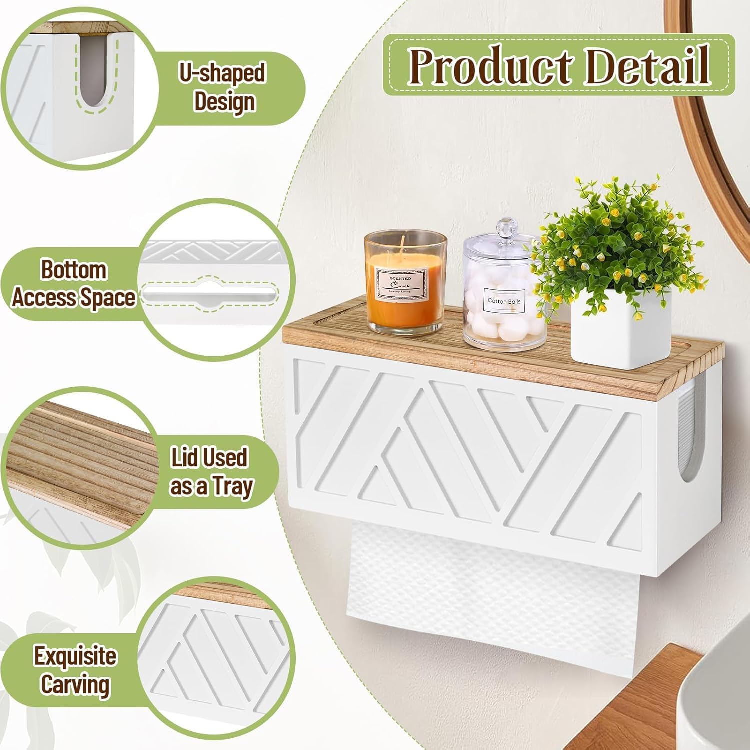 Paper Towel Dispenser Wood Without Drilling, Smooth Surface Without Burr, Weight 500 g, Ideal for Bathroom and Kitchen in Home and Commercial (White)