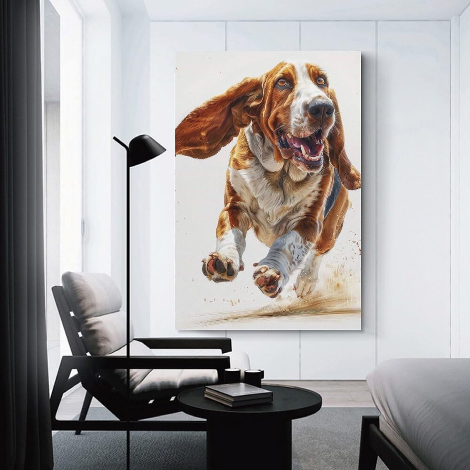 Junmoney Basset Hound Running Home Decor Wall Art, 20x30inch(50x75cm), for Calm Bedrooms, Home Corners Or Flats, Canvas Wall Decor for Personal Spaces