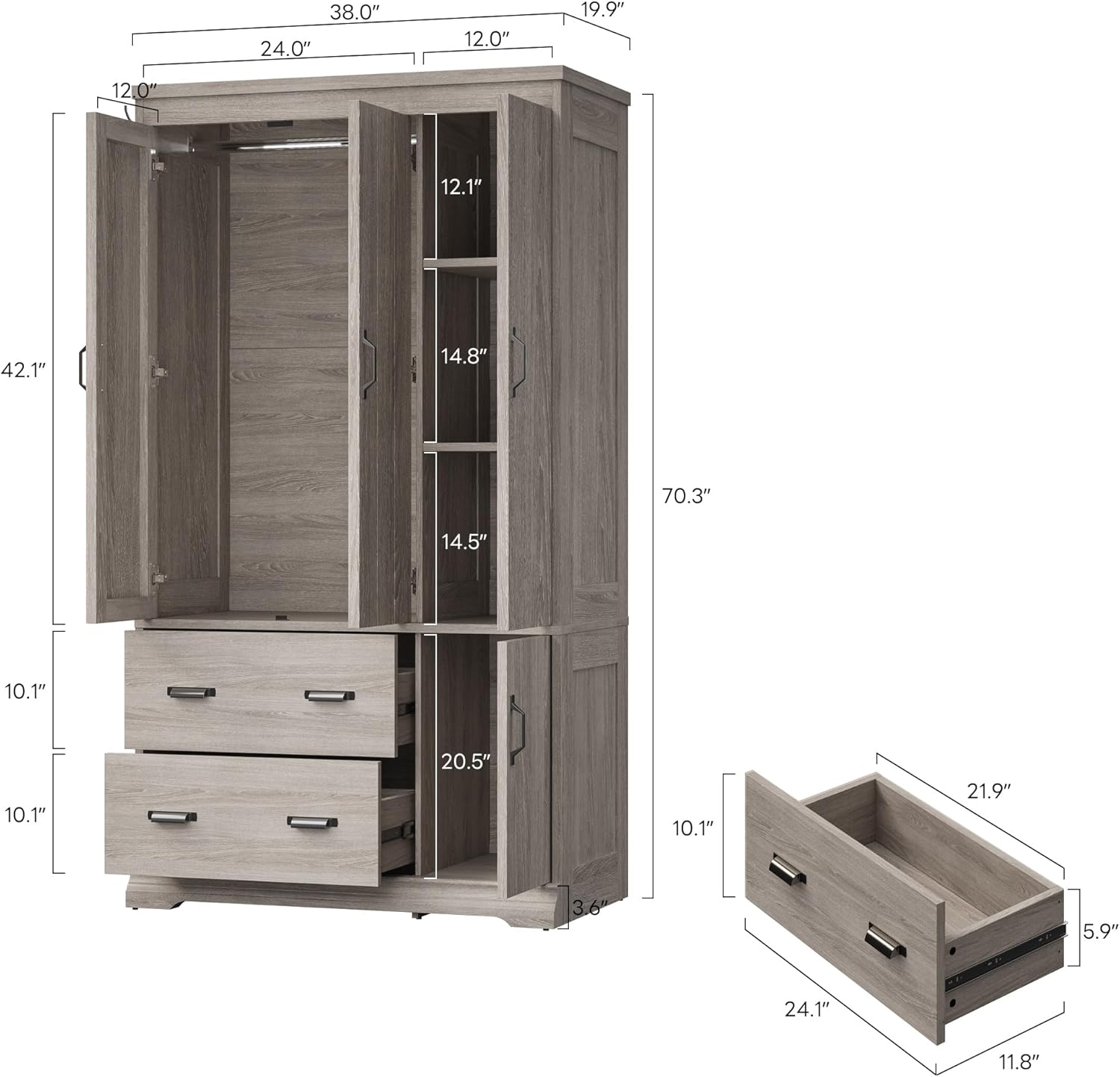 LIKIMIO Wardrobe Closet, 70" Tall 4 Doors Large Wooden Closet with 2 Drawers, 3 Shelves Bedroom Armoire with Hanging Rod, Freestanding Storage Cabinet for Hanging Clothes, Grey