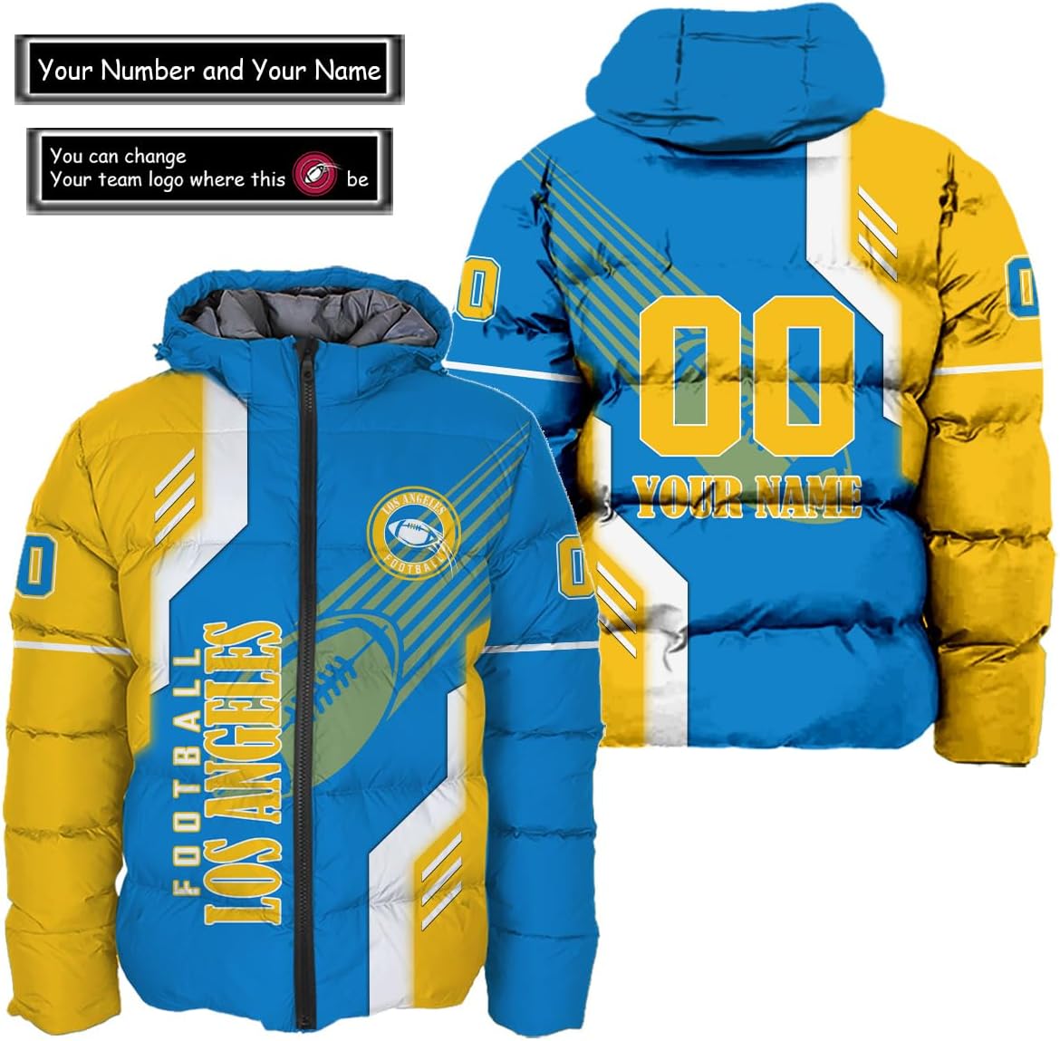 Personalized Los Angeles Football Team Chargers Men's Hooded Puffer Jacket