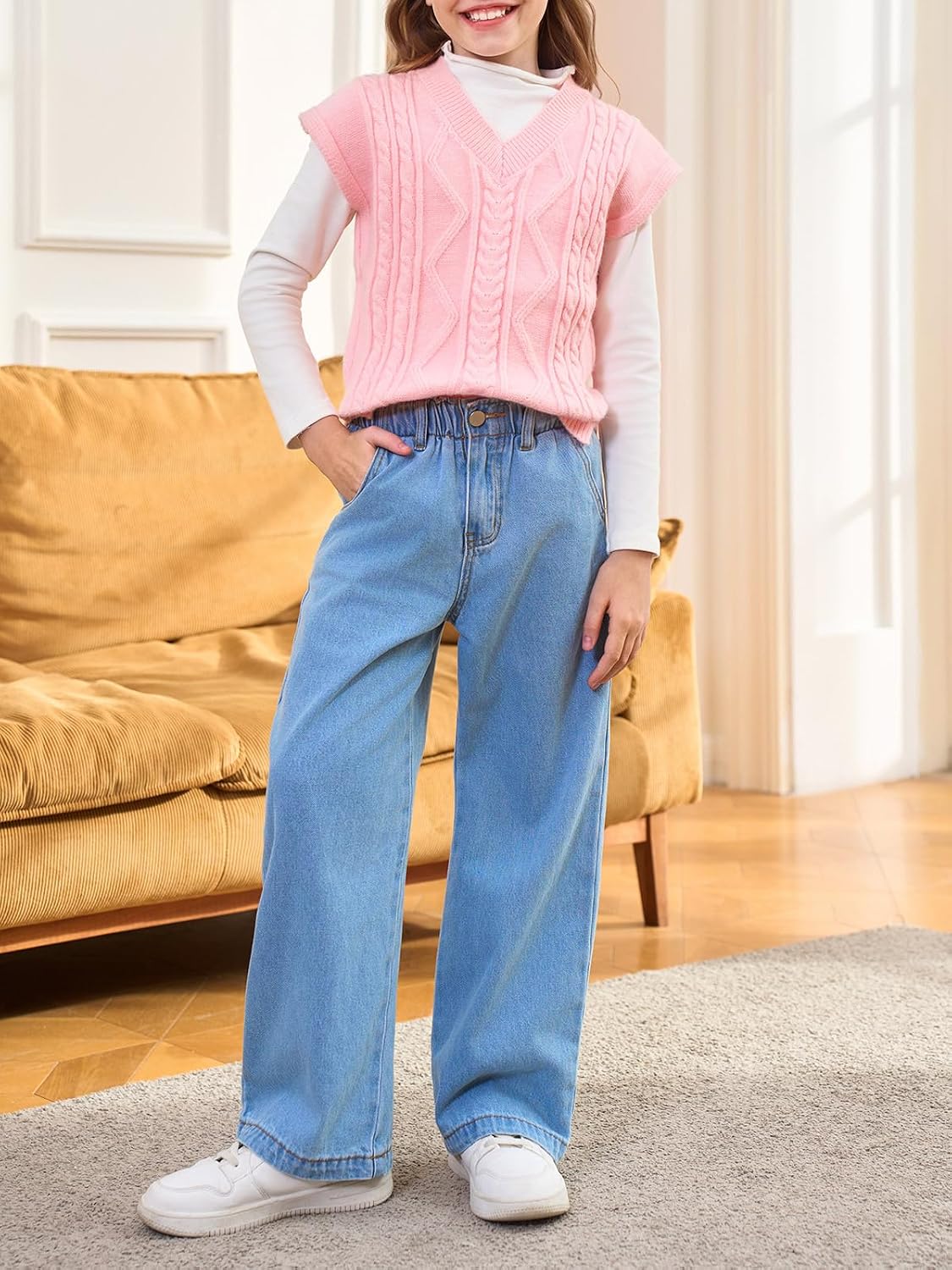 Haloumoning Girls Wide Leg Jeans Kids Elastic Waist Casual Demin Pants with Pockets 5-14 Years