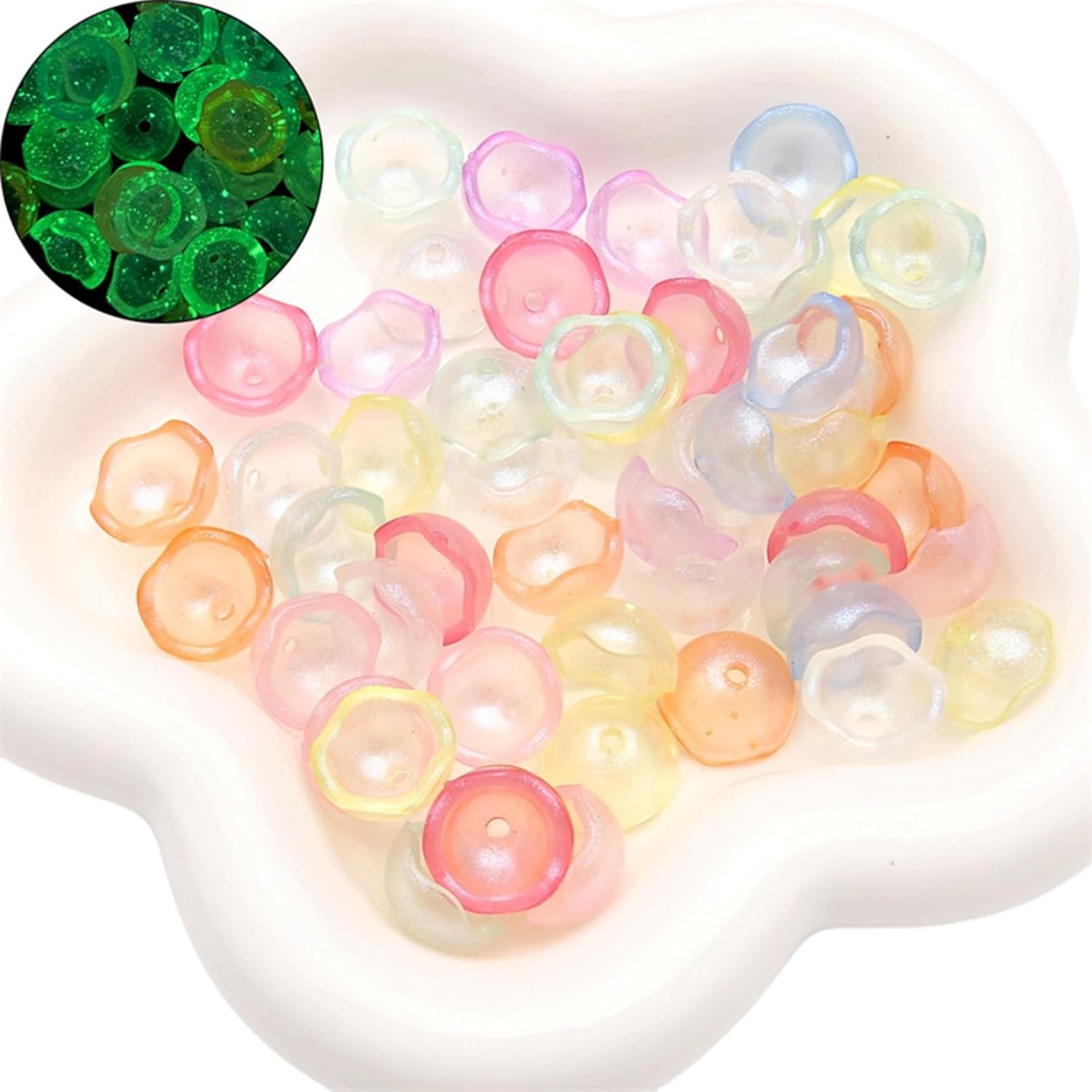 80Pcs Glow in The Dark Flower Bud Beads Acrylic Flower Bead Caps for Jewelry Making Colorful Glitter 8x16mm Half Round Beads with Wavy Edge for Earrings Bracelet Necklace DIY Carft