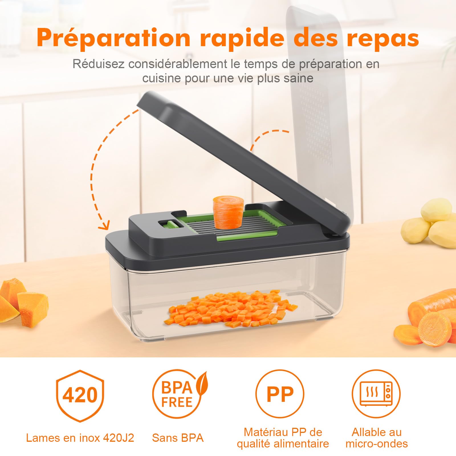 Ibergrif M524-7 Coupe-Légumes Multifonctions 8 en 1, Mandoline de Cuisine Professionnelle, Vegetable Chopper avec Bac Collecteur, Hachoir à Légumes Manuel pour Fruits, Légumes, Oignons, Fromage