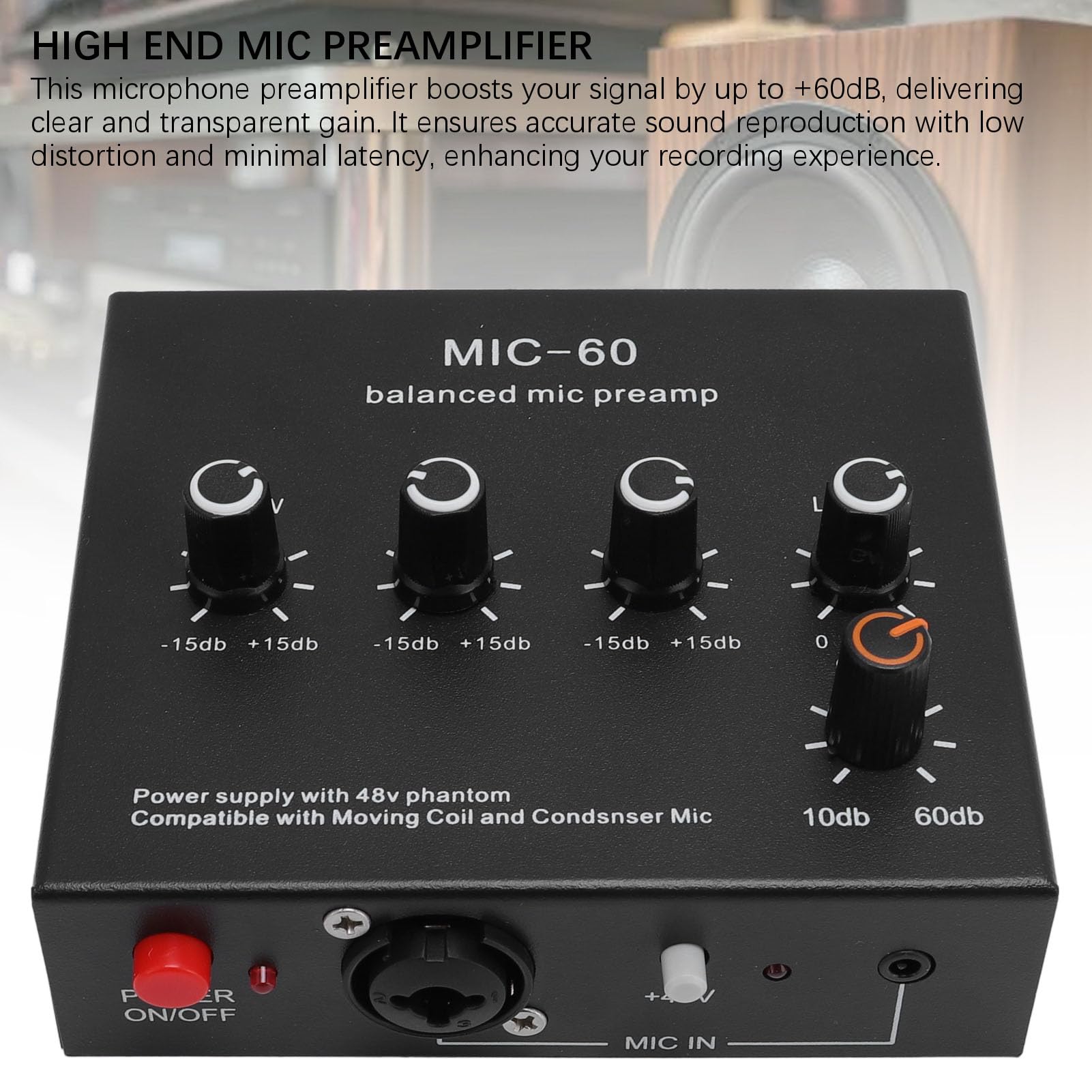 Préampli Micro, 60 DB Gain élevé, 48V Power, 3,5mm/6,35mm/XLR Sortie, Préamplificateur de Microphone, Préampli Microphone pour Micro à Condenseur et Dynamique (Prise UE)