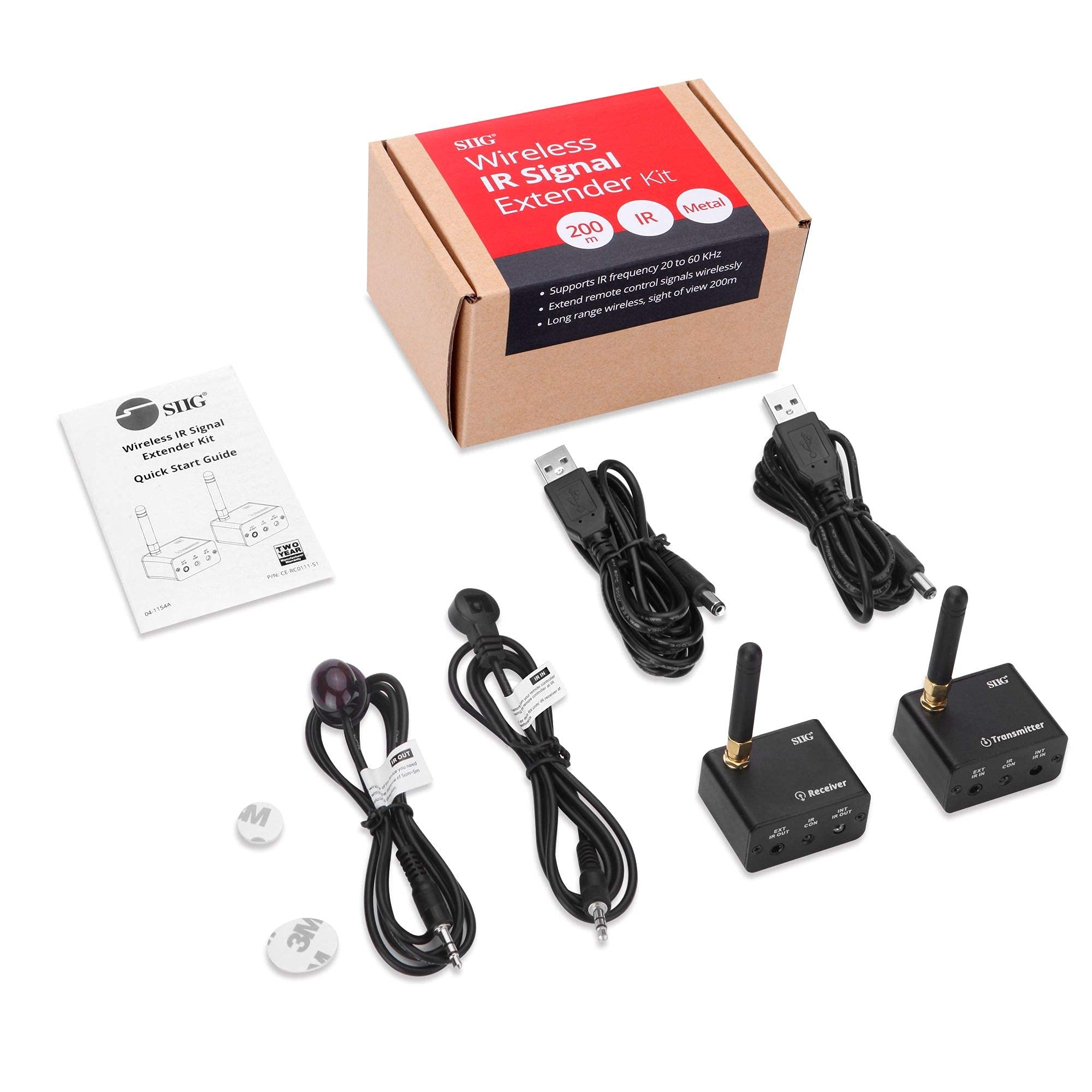 SIIG Pro CE-RC0111-S1 Kit d'extension de télécommande infrarouge Répéteur de signal Amplificateur de signal IR 20 à 60 kHz – Émetteur et récepteur alimentés par USB avec bouton d'appairage – 200 m