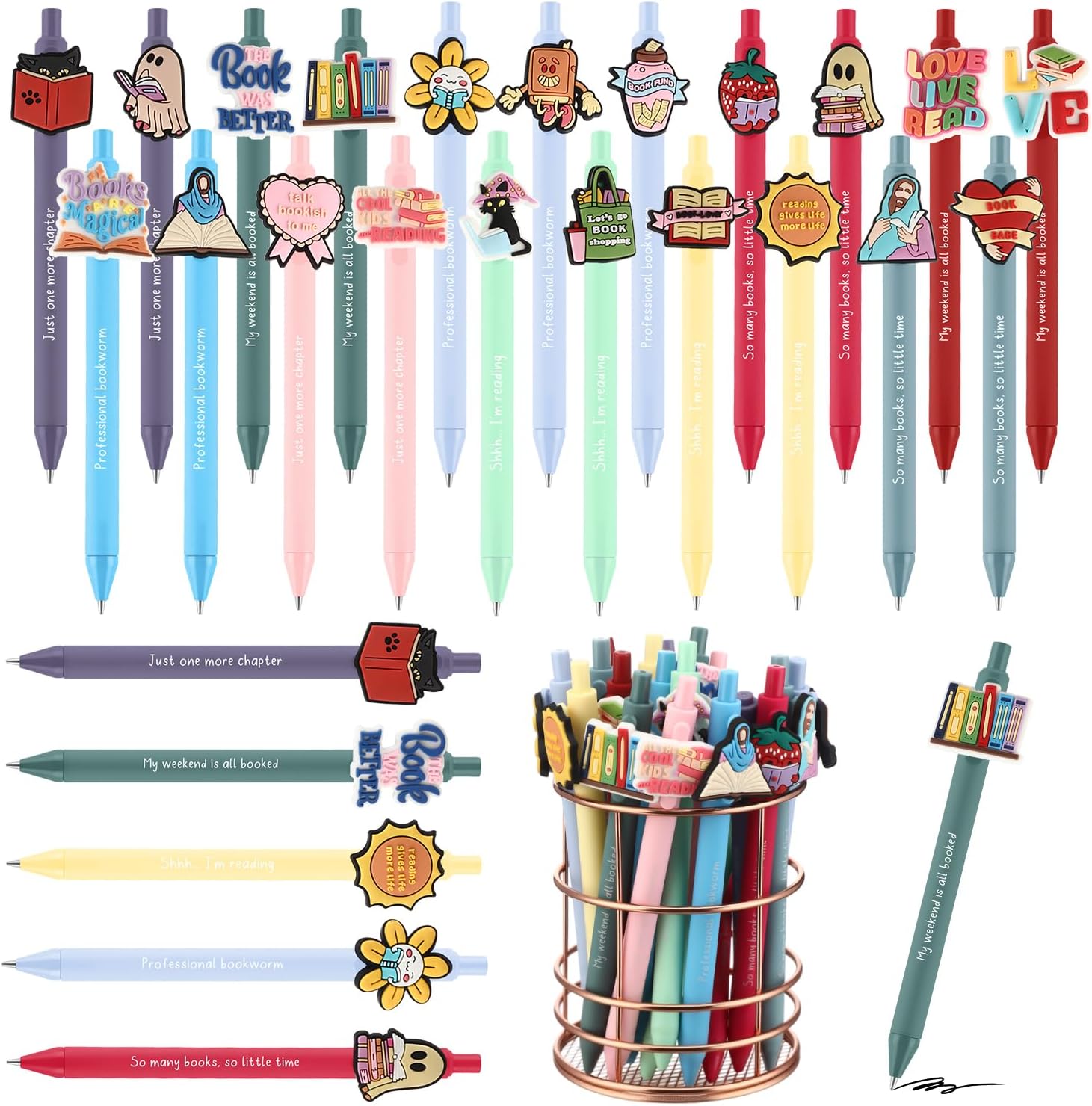 Frienda 60 Pcs Book Lovers Gift Bulk Book Club Ballpoint Pens Funny Retractable Pens Bookish Items Reading Gifts for Teacher Librarians Writers Readers Office Women Men, 21 Styles