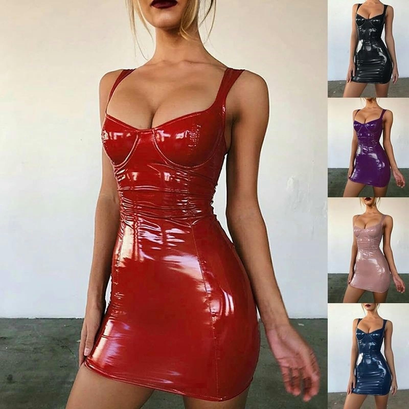 Club Nocturno Socialite Diosa Brillante Envuelto En El Pecho Liguero Cintura Adelgazante PU Vestido De Tirantes De Cuero-Rojo-XS