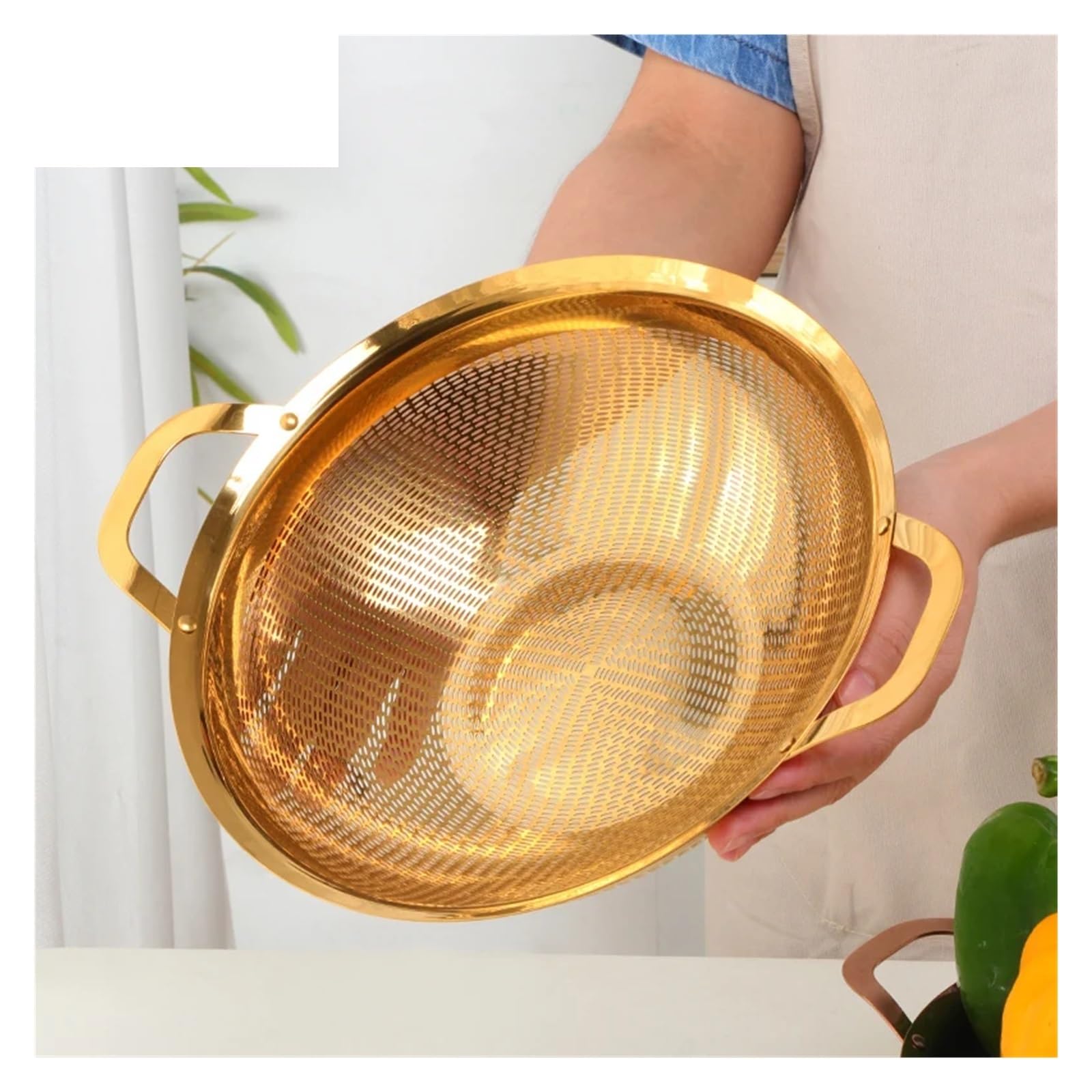 Escurridor de acero inoxidable, coladores arroz, colador frutas dorado, filtro malla for verduras con mango, herramienta cocina para Cocina(Gold)