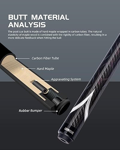 Vista 40 de CRICAL Taco de billar de fibra de carbono serie COWCUE de baja desviación para billar, palo de billar profesional de 58 pulgadas para adultos, punta