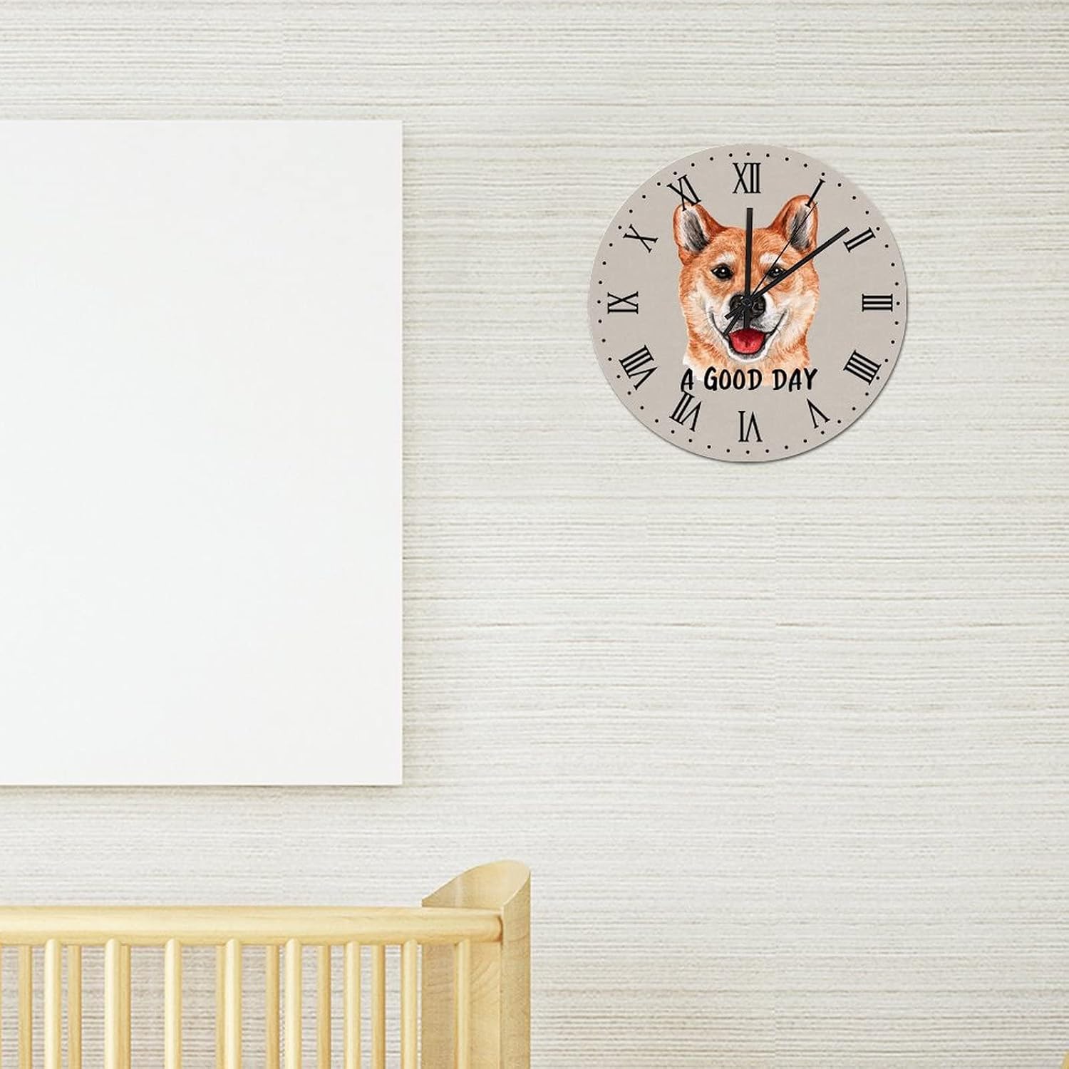 PVC Wall Clock Dog Face Pet Wooden Wall Clock Silent Non-Ticking Battery Operated Wooden Wall Clock Country A Good Day Shiba Inu Clock Wall Art Decorations for Laundry Room Kitchen image 3
