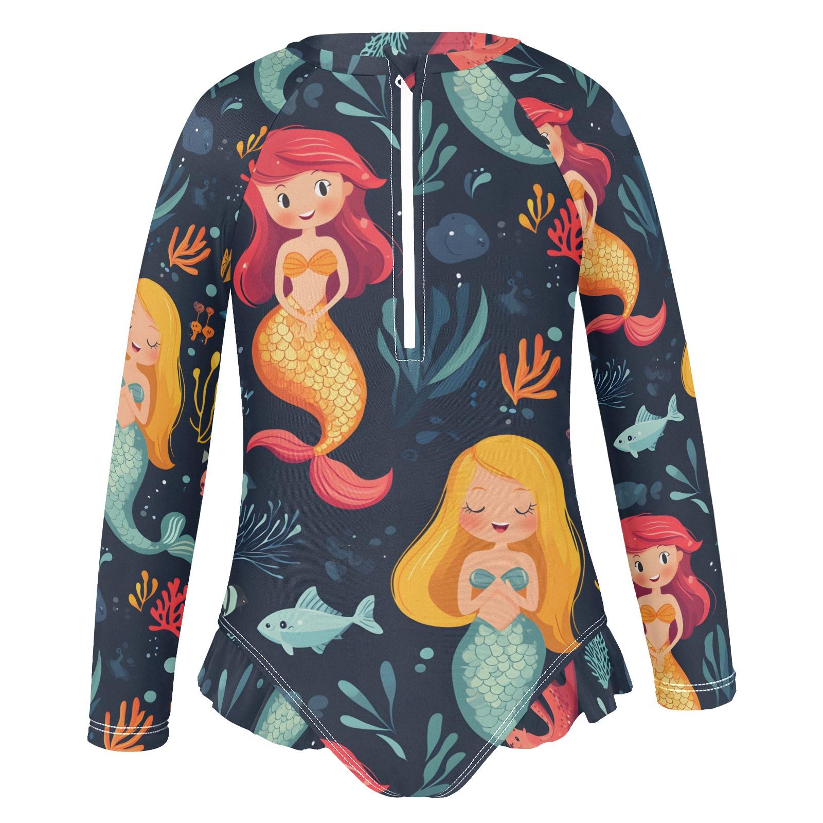 ALAZA Swimsuit for Girls Long Sleeve Rashguard Bathing Suit Mermaid Coral Fish Quick Dry 4T