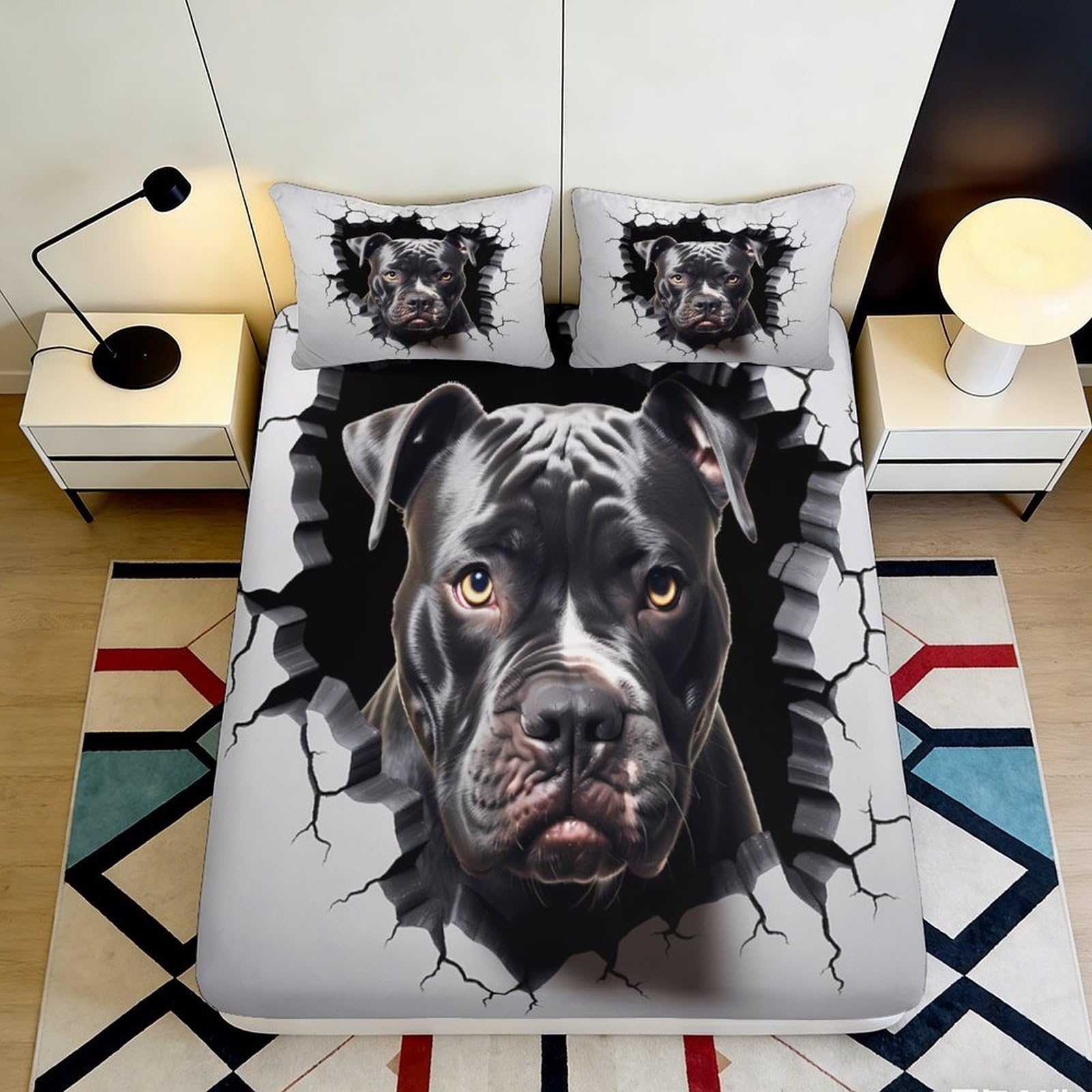 3D Printed Black Pitbull Fitted Sheet Microfiber Soft Durable 3D Printed Dog Head Mattress Cover for Bedroom Dormitory Guest Room Protection 200x200x25cm