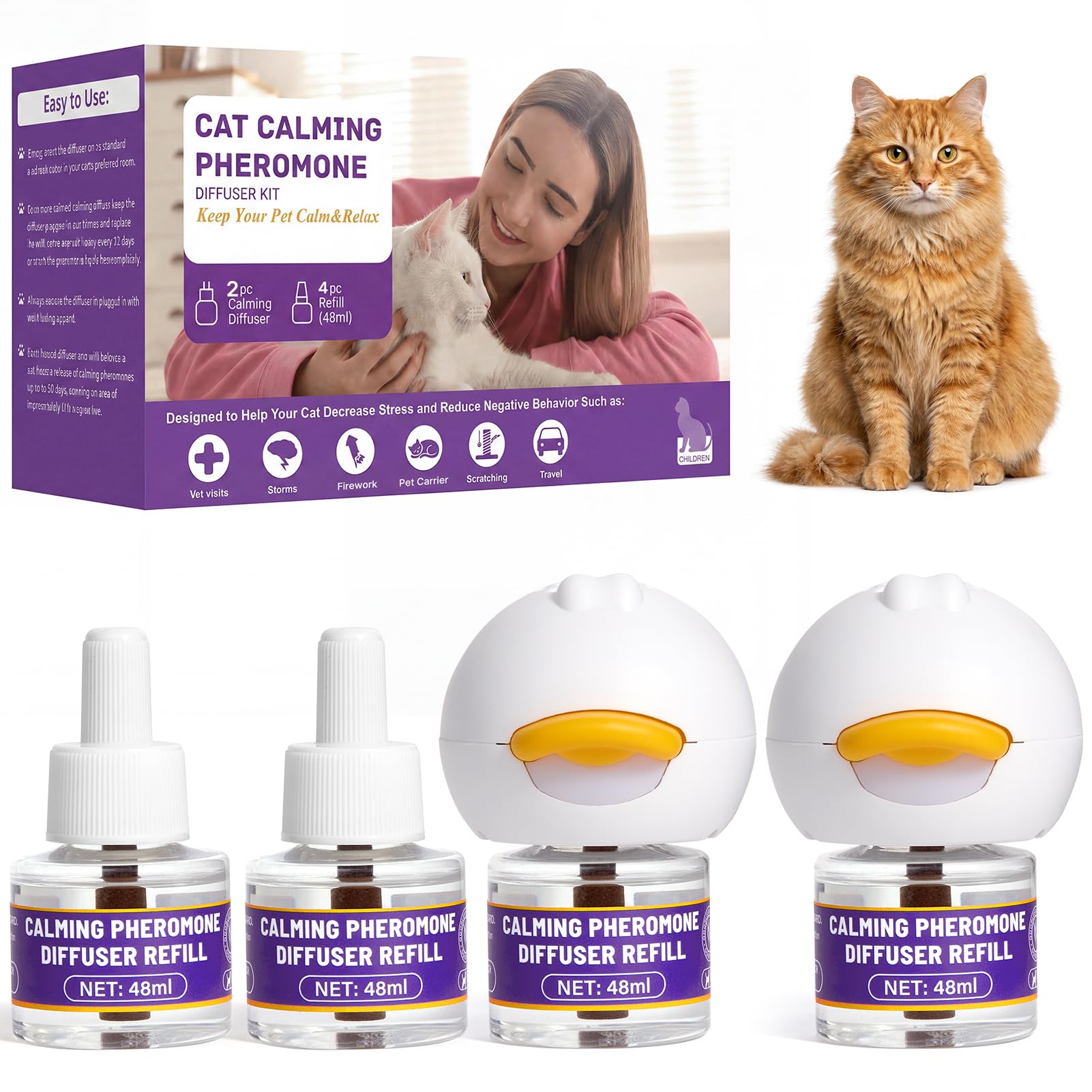 Cat Calming Diffuser, Premium Pheromone, 2 Plug-in+4 Refills
