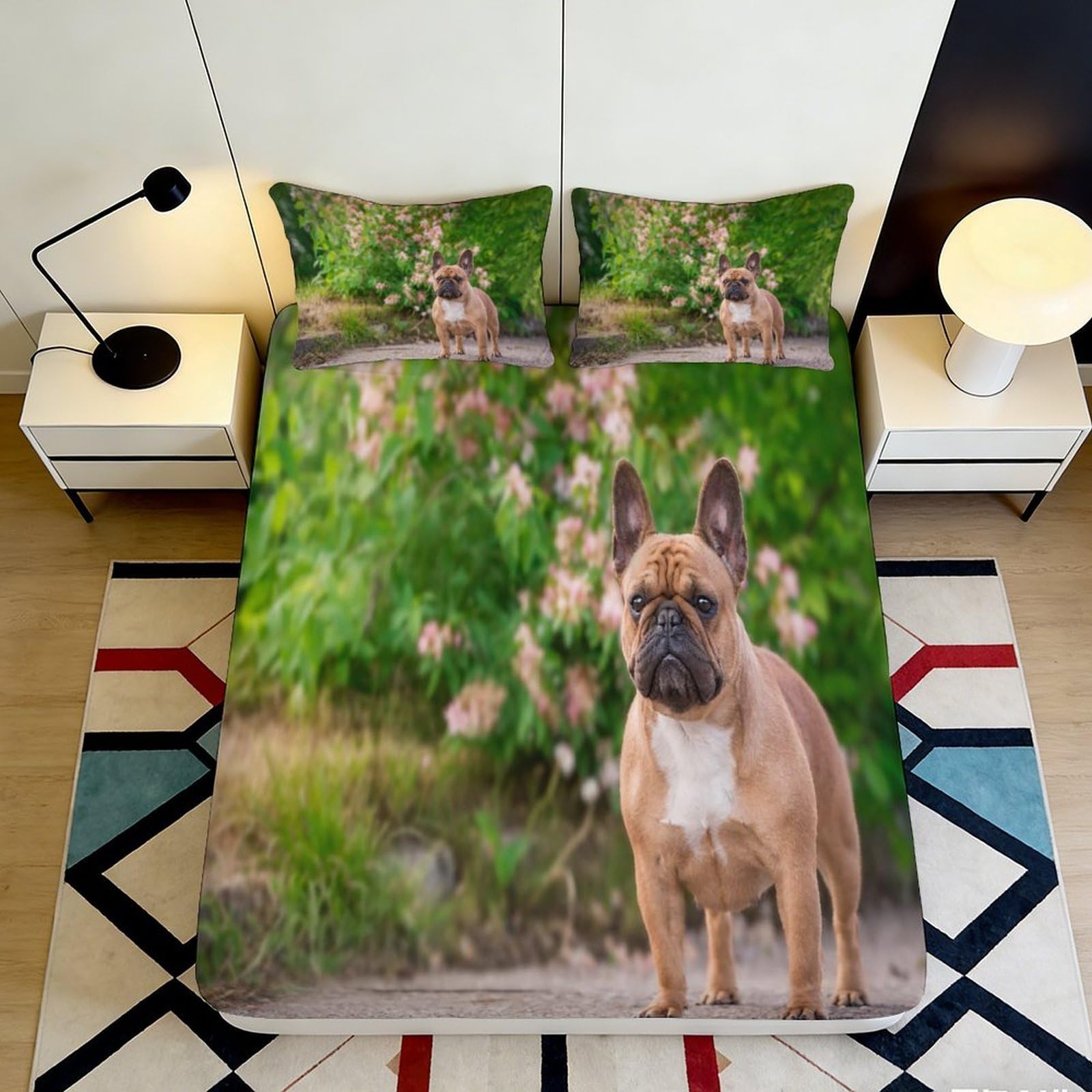 3D Printed French Bulldog Fitted Sheet Microfiber Non Slip Floral Bed Sheet for Bedroom Guest Room Protection 90x200x25cm