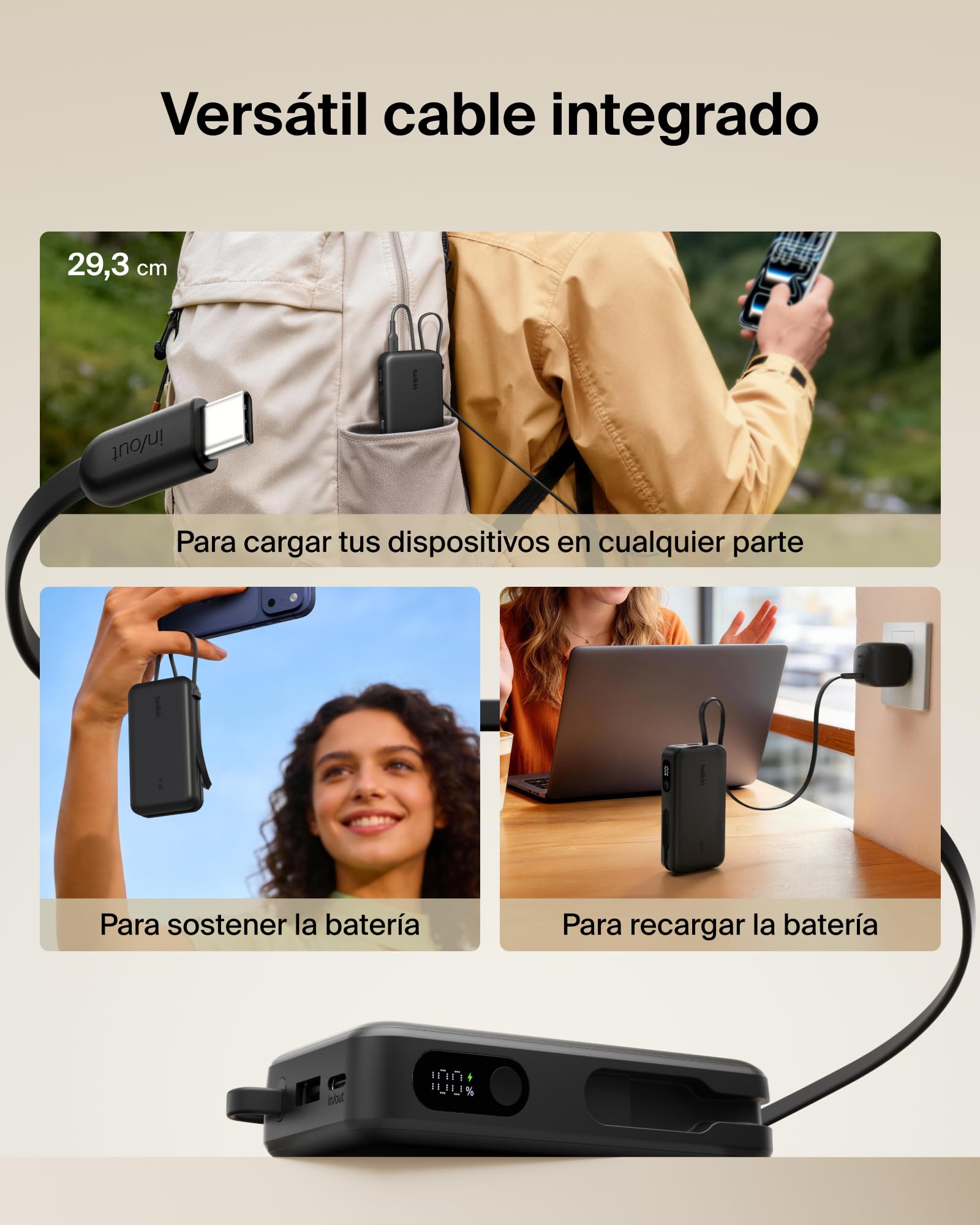 Belkin UltraCharge Batería Externa 10000mAh Cable USB-C y Pantalla - Negro | Power Bank de 10000 mAh, 1 Puerto y 1 Cable USB-C, 1 puerto USB-A, 45 W, LED, Apta como Equipaje de Mano y con Pantalla