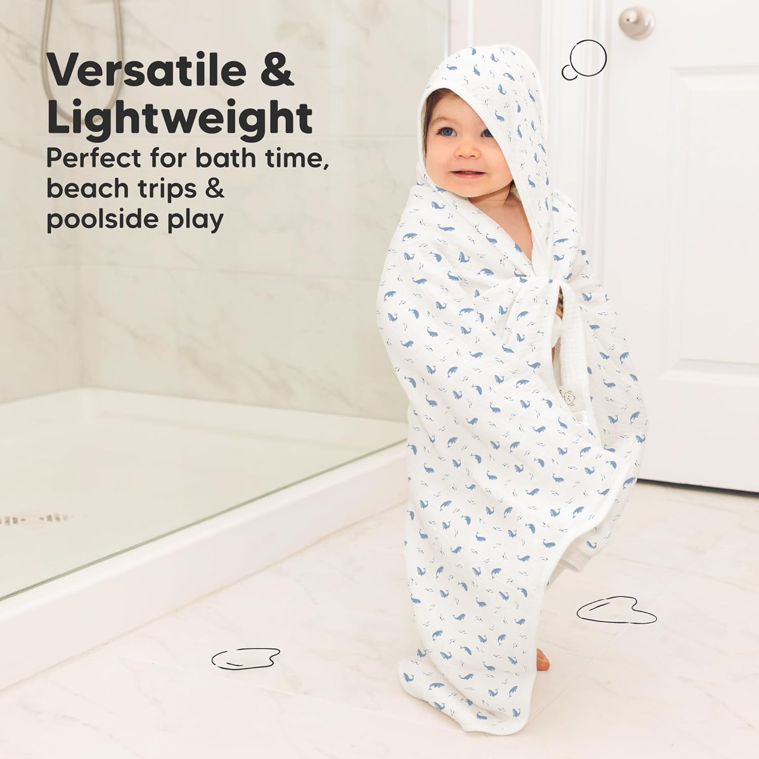 KeaBabies Muslin Baby Bath Towels with Hood for Girls,Boys-Large Organic Cotton Hooded Baby Towels for Newborns,Toddlers,Infant,Kids,Soft Absorbent Newborn Bath Essentials Gift Set(Whale Bay, Regular) - Image 5