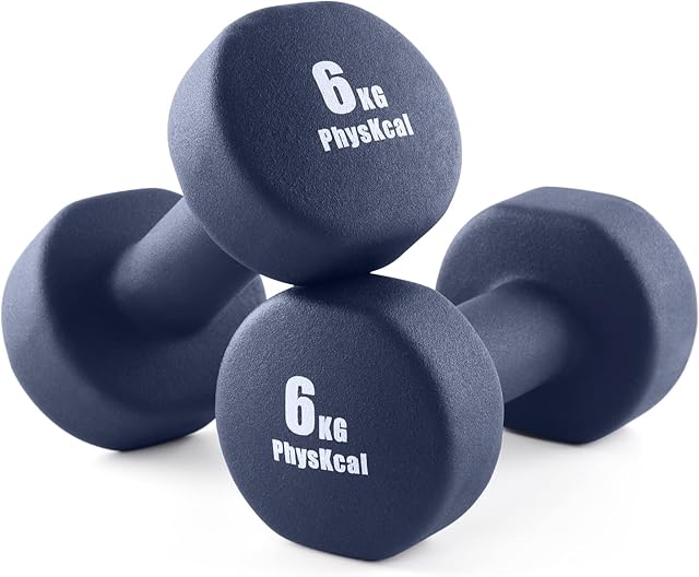 PhysKcal Dumbbells Set of 2 for Home Gym Exercise, Comfy To Hold Soft-touch Grip, Sweat-resistant Neoprene Coating, Pilates Cardio Hand Weights for Toning, Dumbbells in 0.5kg 1kg 1.5kg 2kg 3kg 4kg 5kg 6kg Pair